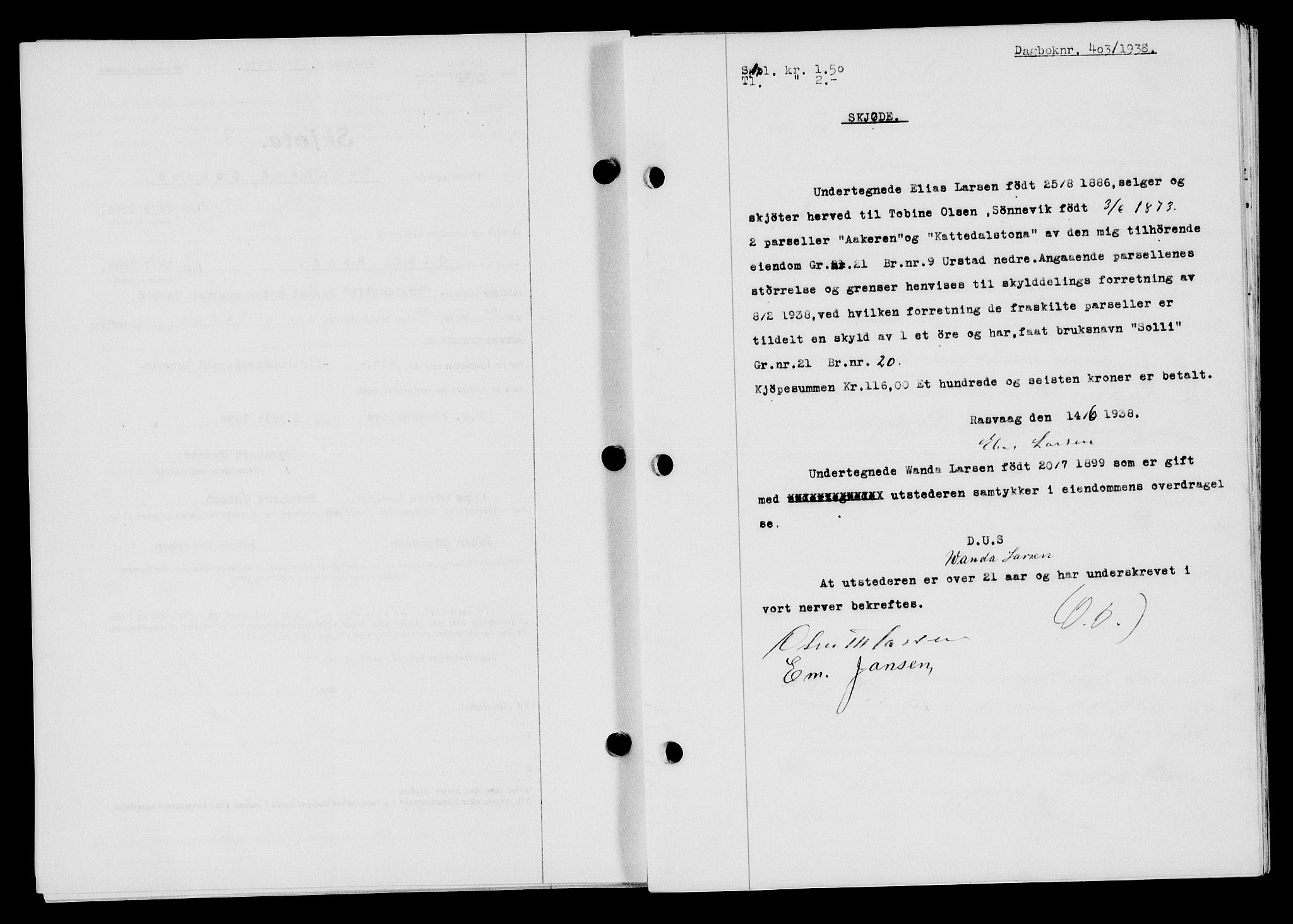 Flekkefjord sorenskriveri, SAK/1221-0001/G/Gb/Gba/L0054: Mortgage book no. A-2, 1937-1938, Diary no: : 403/1938
