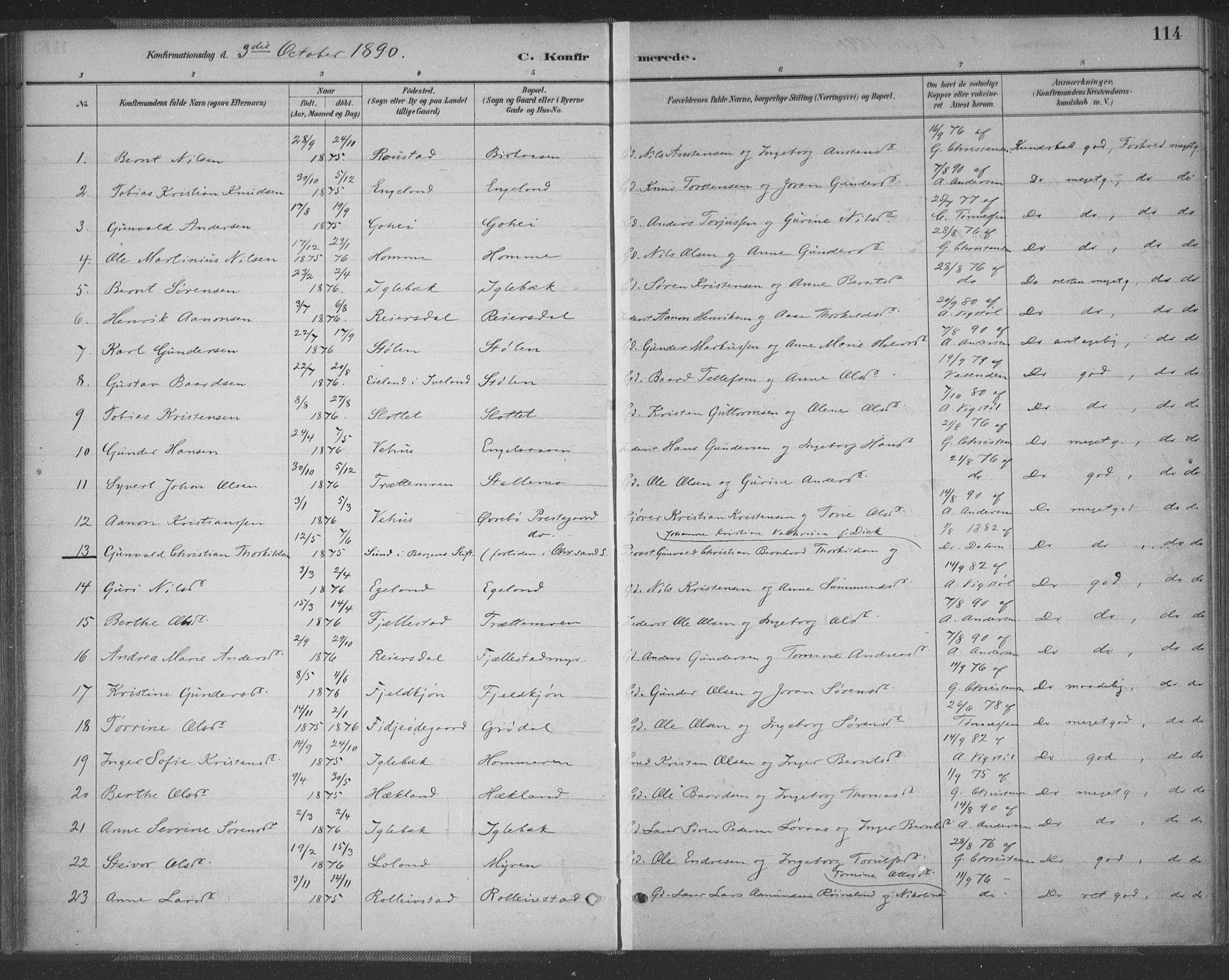 Vennesla sokneprestkontor, AV/SAK-1111-0045/Fa/Fac/L0009: Parish register (official) no. A 9, 1884-1901, p. 114