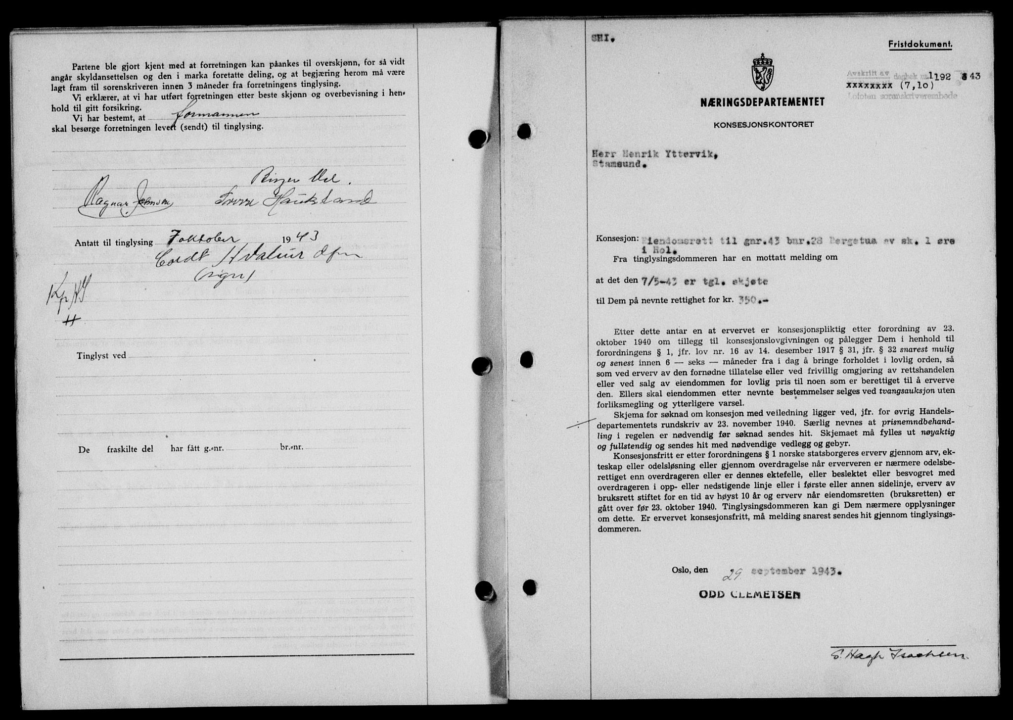 Lofoten sorenskriveri, SAT/A-0017/1/2/2C/L0011a: Mortgage book no. 11a, 1943-1943, Diary no: : 1192/1943