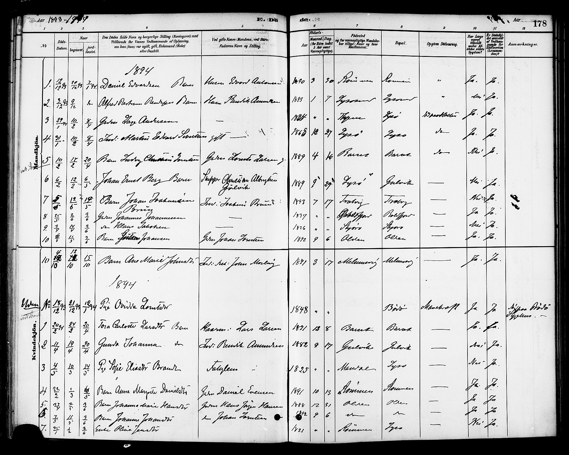 Ministerialprotokoller, klokkerbøker og fødselsregistre - Sør-Trøndelag, SAT/A-1456/654/L0663: Parish register (official) no. 654A01, 1880-1894, p. 178