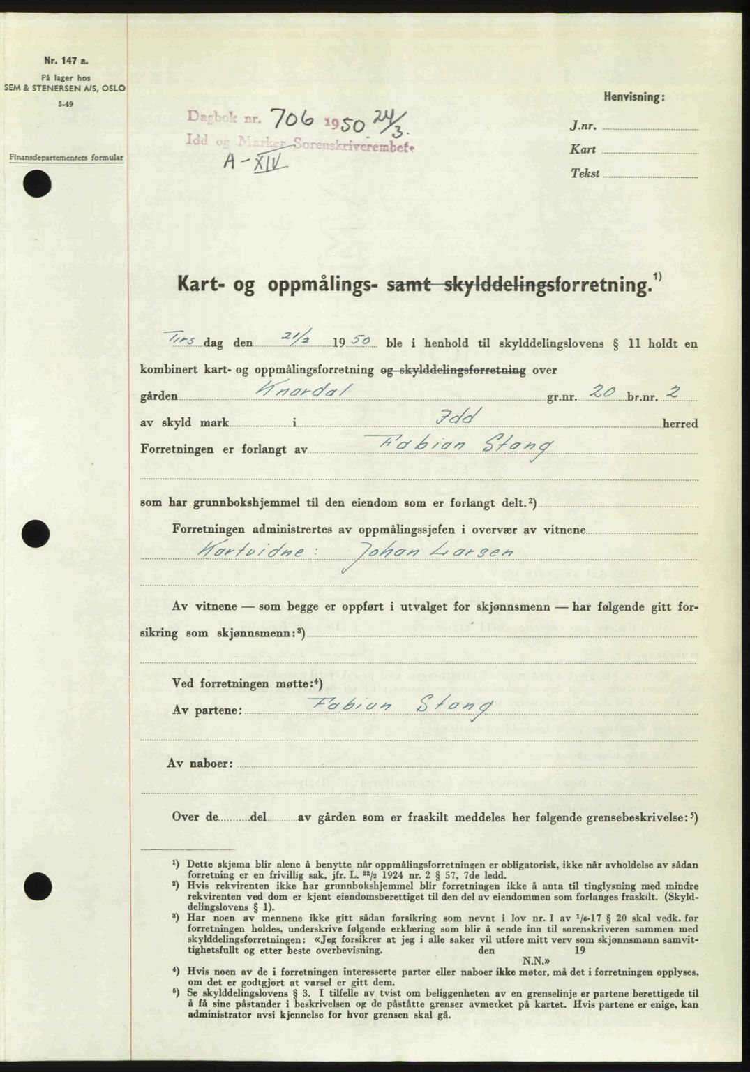 Idd og Marker sorenskriveri, AV/SAO-A-10283/G/Gb/Gbb/L0014: Mortgage book no. A14, 1950-1950, Diary no: : 706/1950