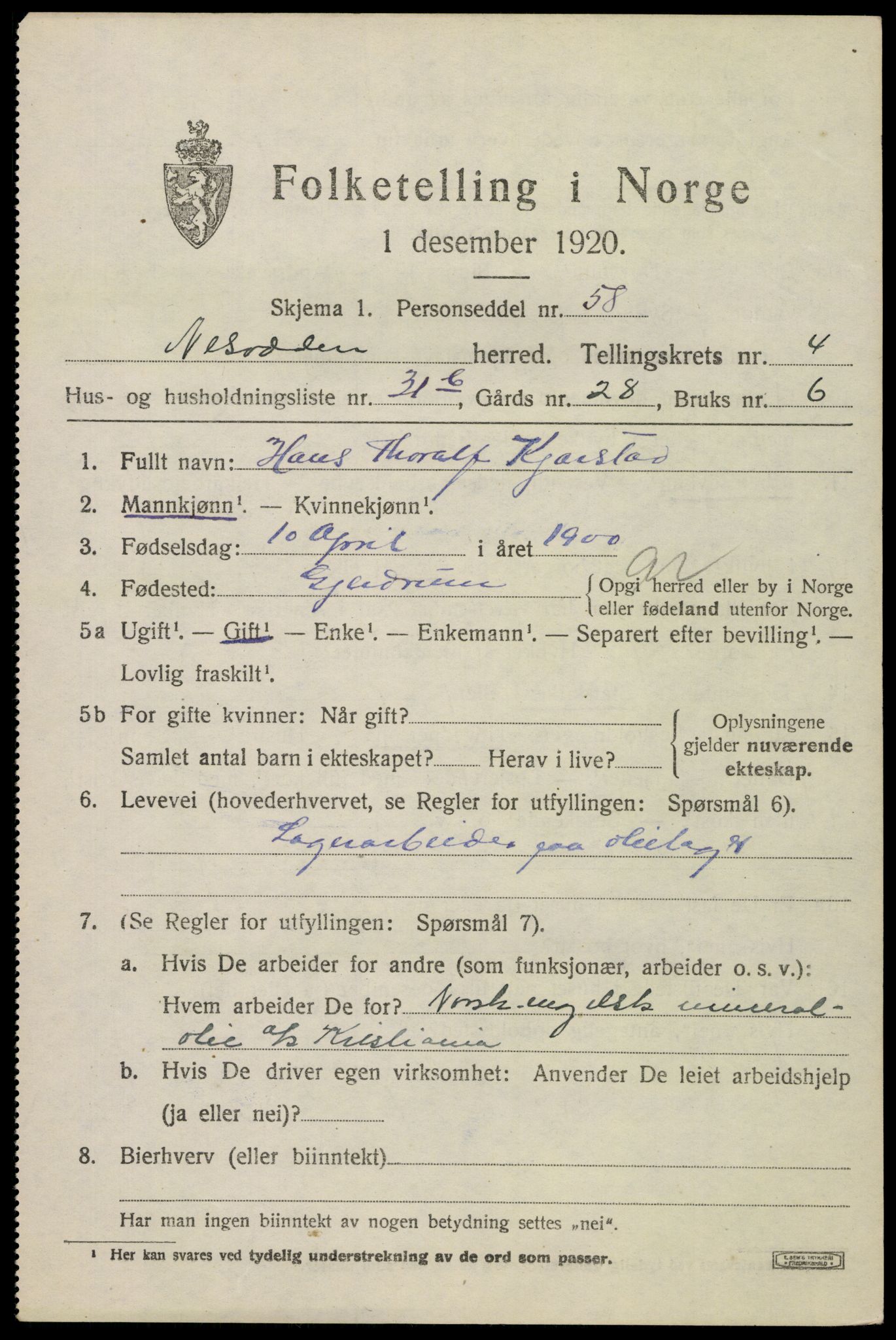 SAO, 1920 census for Nesodden, 1920, p. 4517