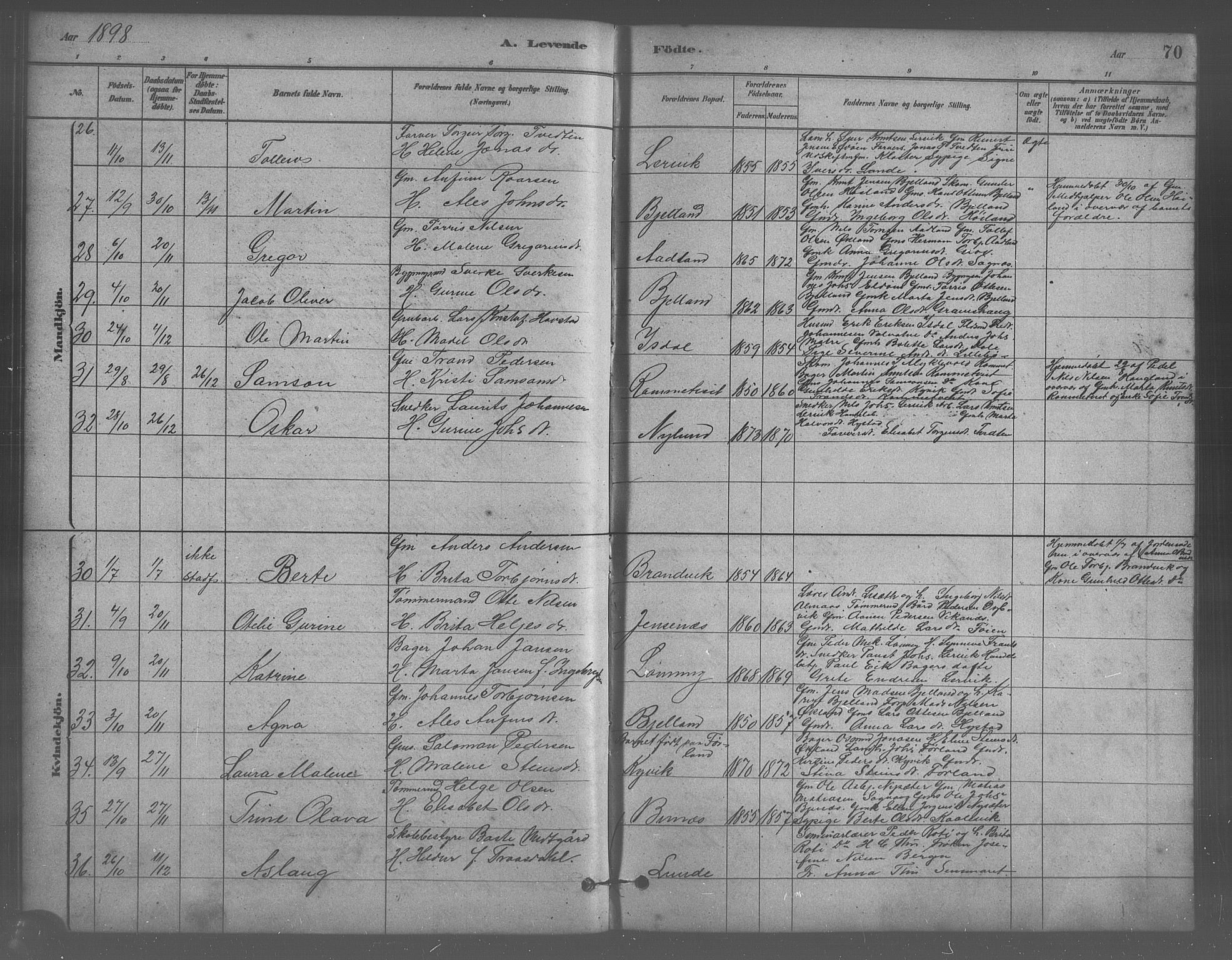Stord sokneprestembete, AV/SAB-A-78201/H/Hab: Parish register (copy) no. A 2, 1879-1909, p. 70