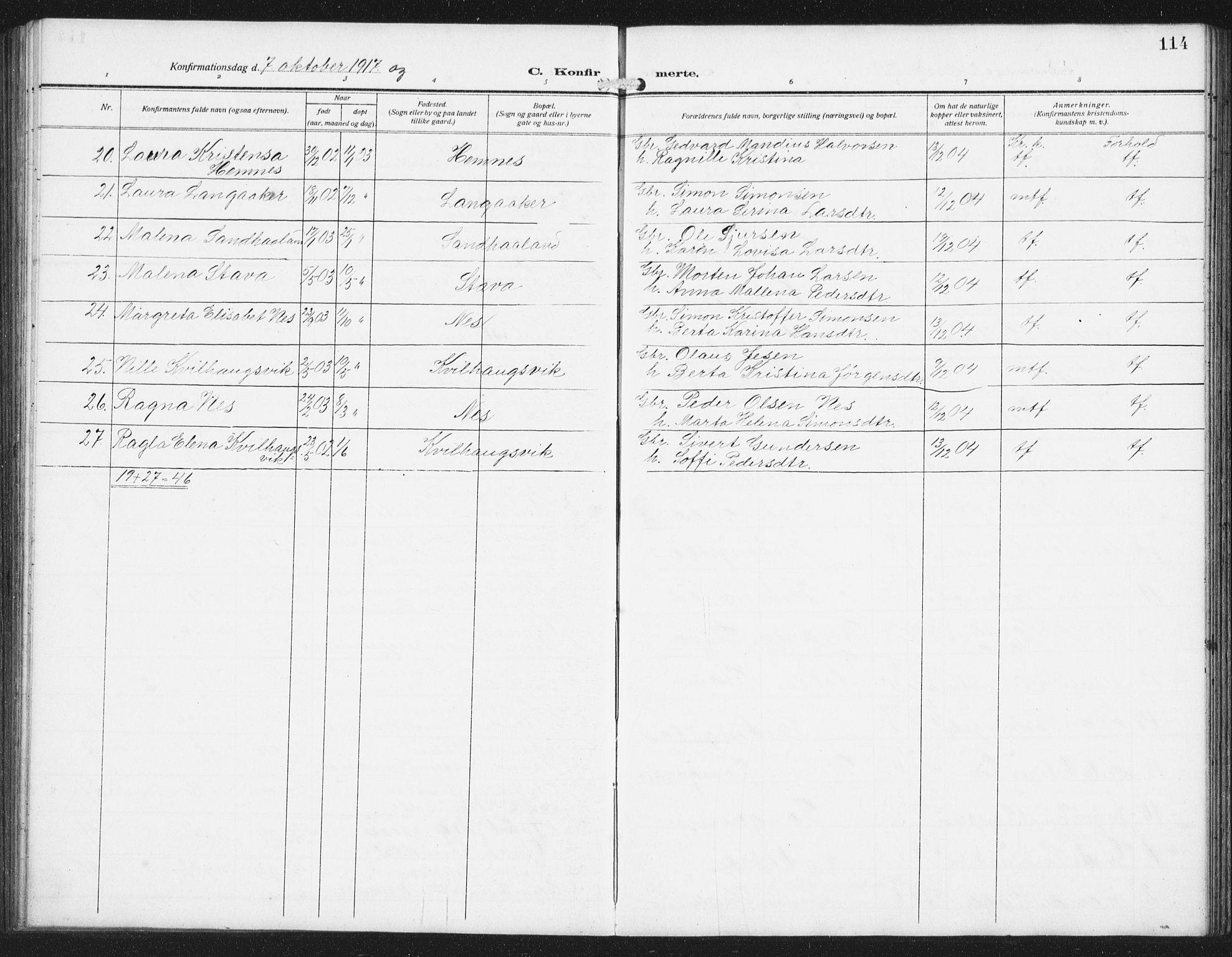 Skudenes sokneprestkontor, AV/SAST-A -101849/H/Ha/Hab/L0011: Parish register (copy) no. B 11, 1909-1943, p. 114