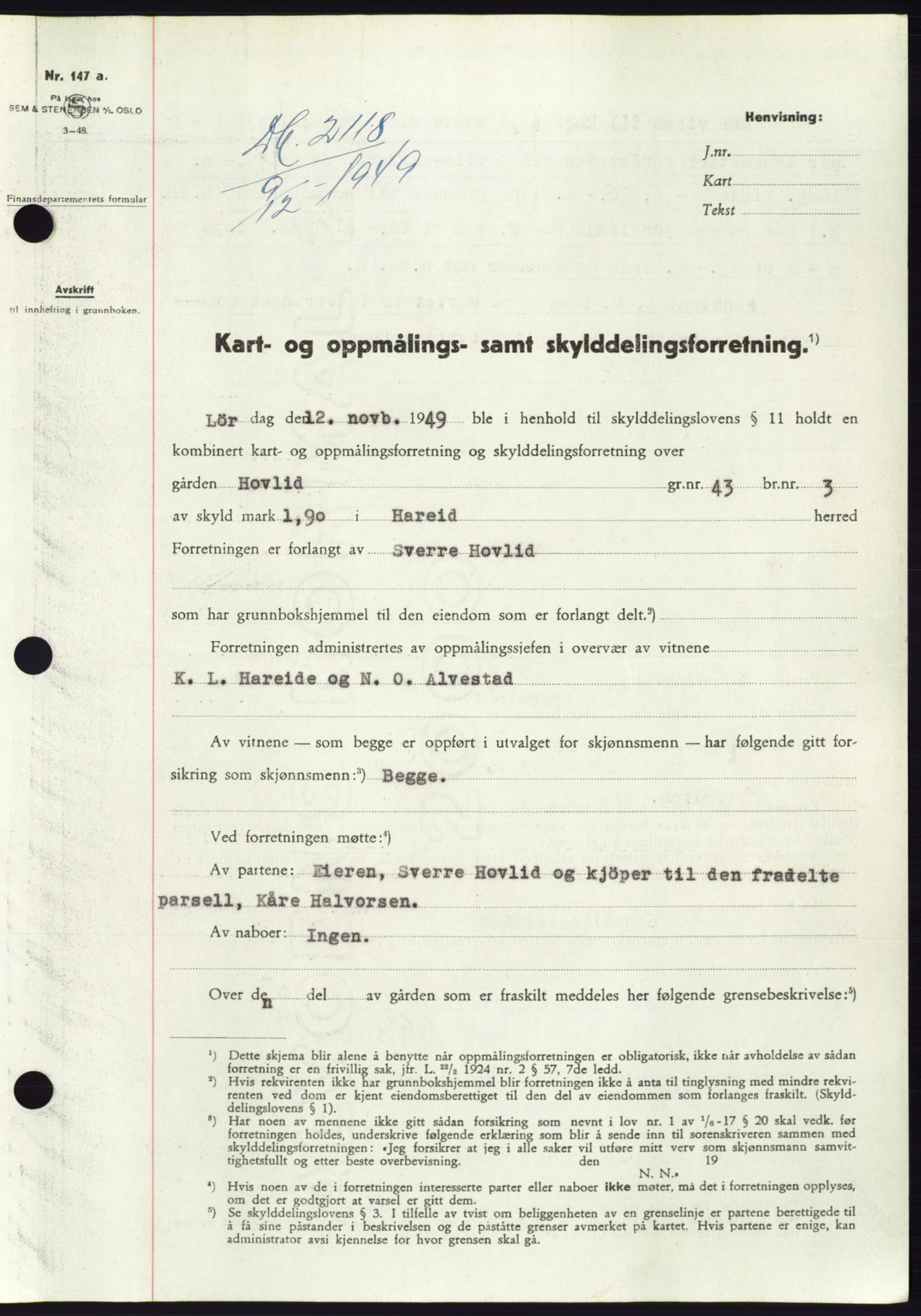 Søre Sunnmøre sorenskriveri, AV/SAT-A-4122/1/2/2C/L0085: Mortgage book no. 11A, 1949-1949, Diary no: : 2118/1949