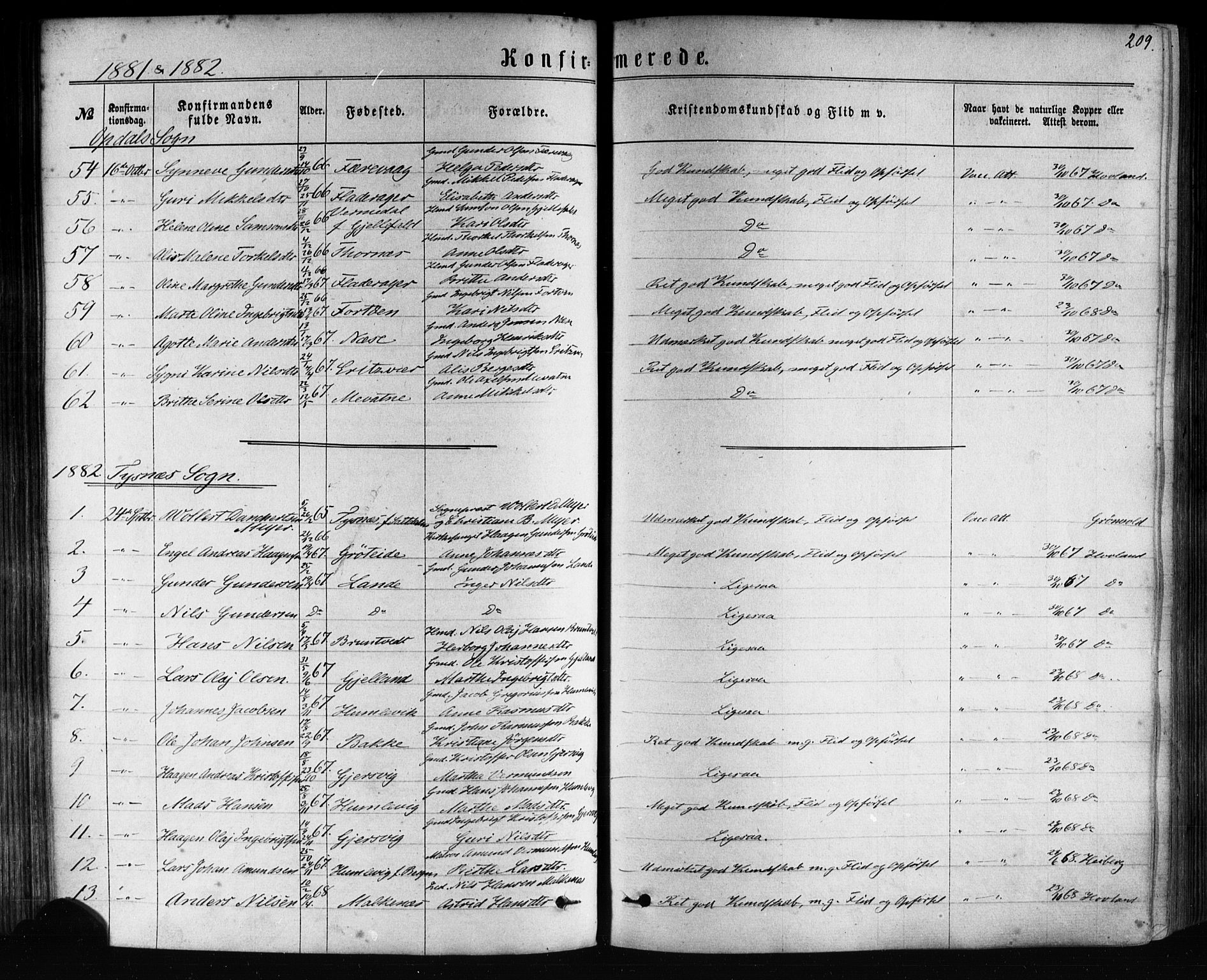 Tysnes sokneprestembete, AV/SAB-A-78601/H/Haa: Parish register (official) no. A 12, 1872-1886, p. 209