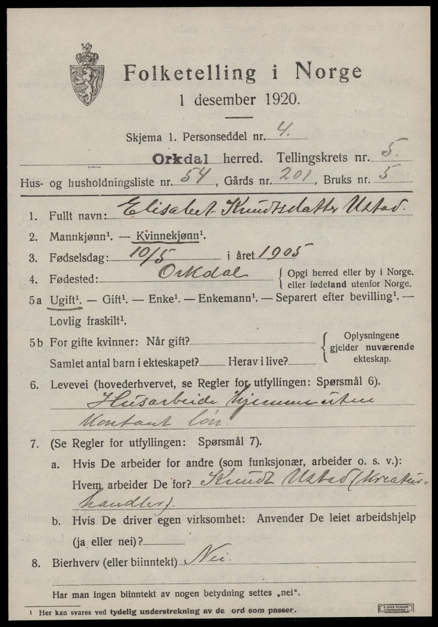 SAT, 1920 census for Orkdal, 1920, p. 5272