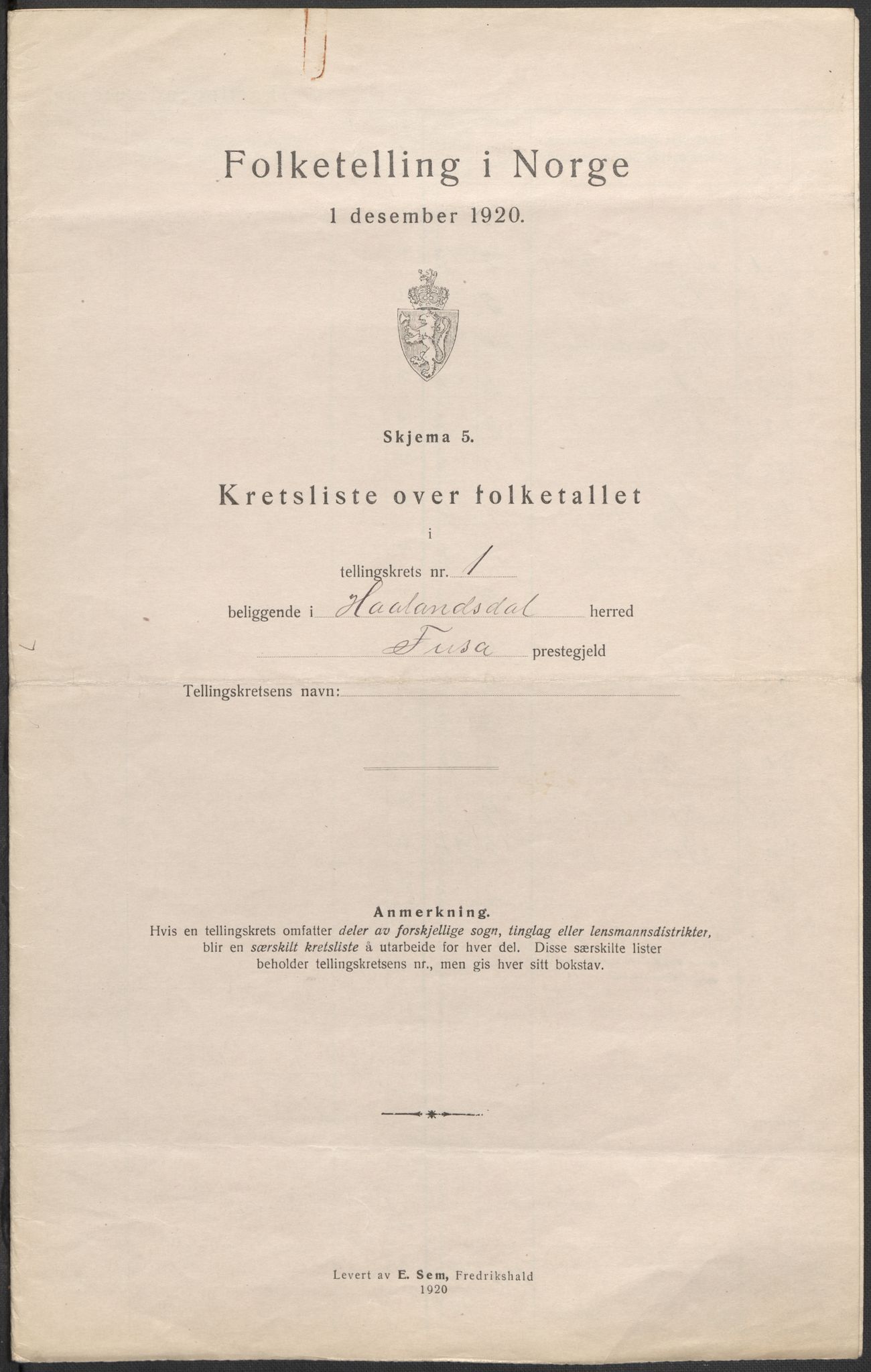 SAB, 1920 census for Hålandsdal, 1920, p. 5