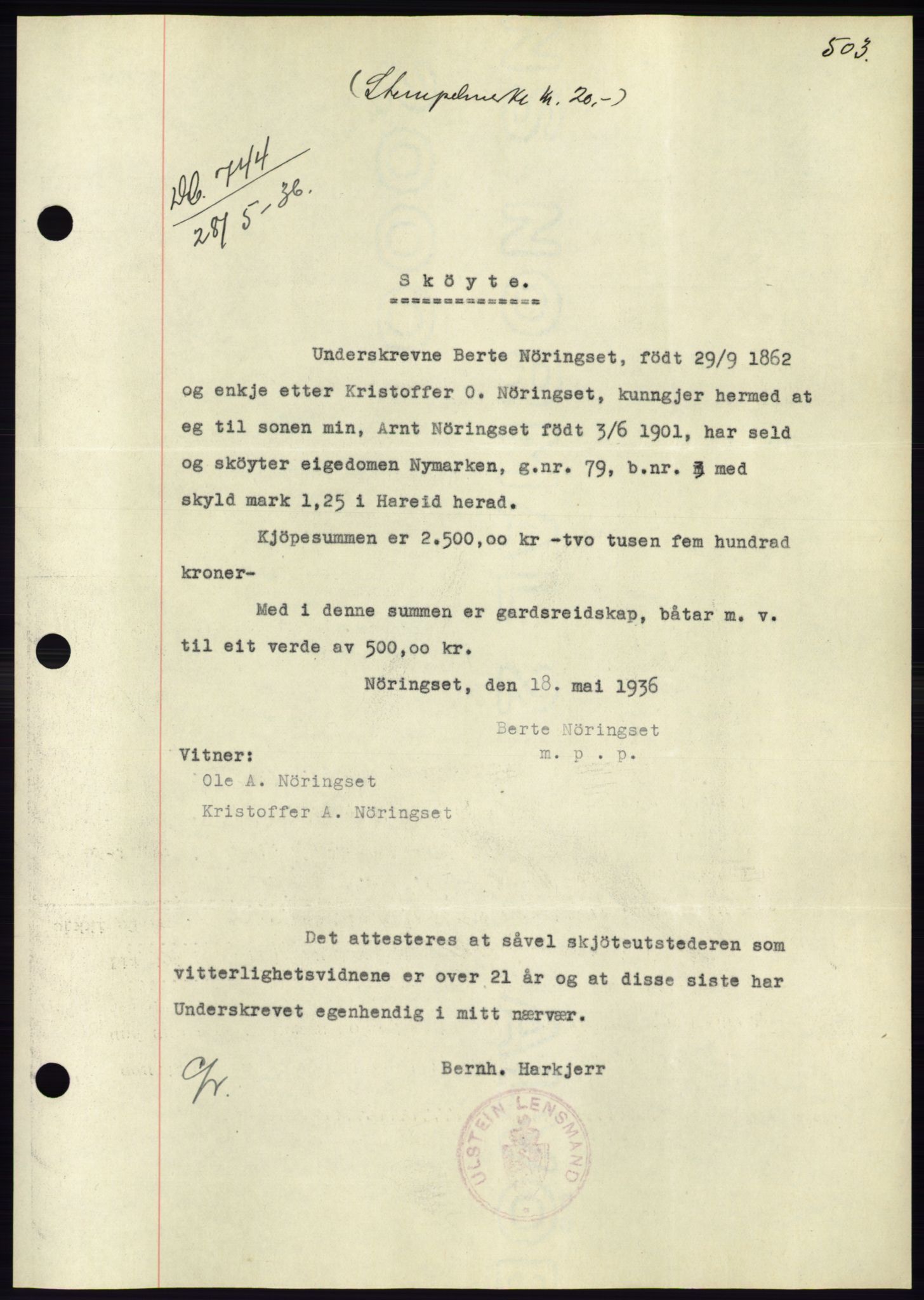 Søre Sunnmøre sorenskriveri, AV/SAT-A-4122/1/2/2C/L0060: Mortgage book no. 54, 1935-1936, Deed date: 28.05.1936