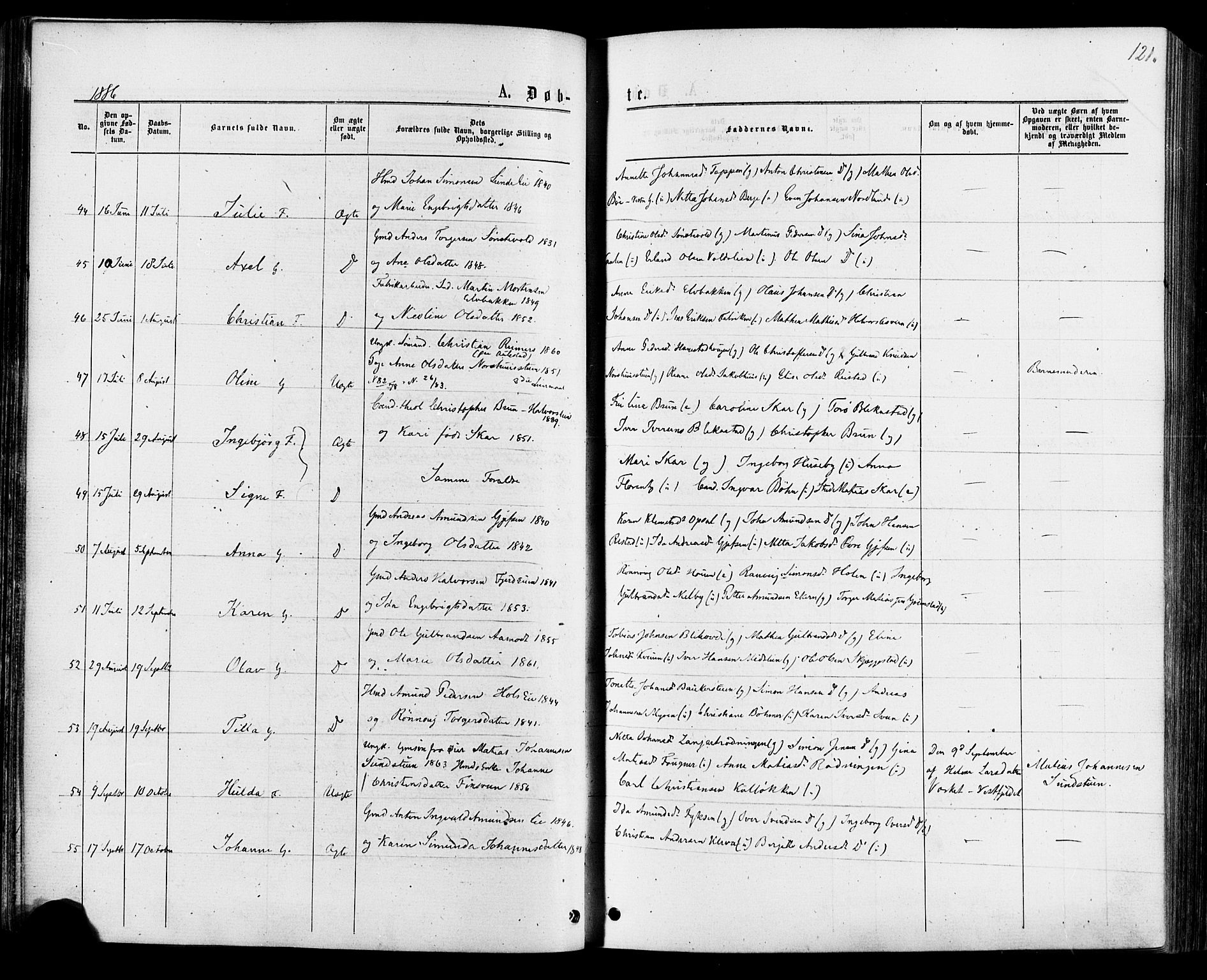 Østre Gausdal prestekontor, AV/SAH-PREST-092/H/Ha/Haa/L0001: Parish register (official) no. 1, 1874-1886, p. 121