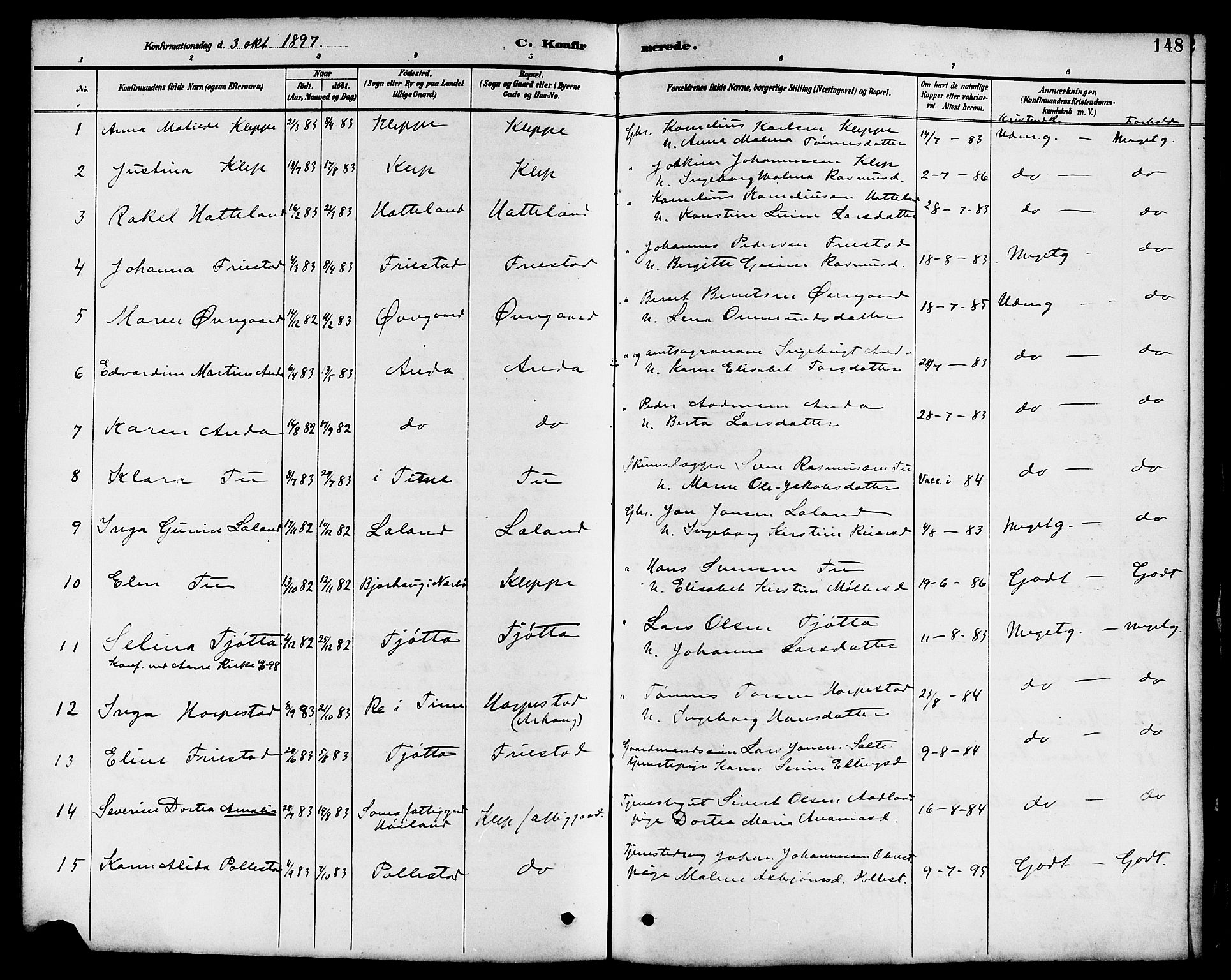 Klepp sokneprestkontor, AV/SAST-A-101803/001/3/30BB/L0004: Parish register (copy) no. B 4, 1889-1914, p. 148