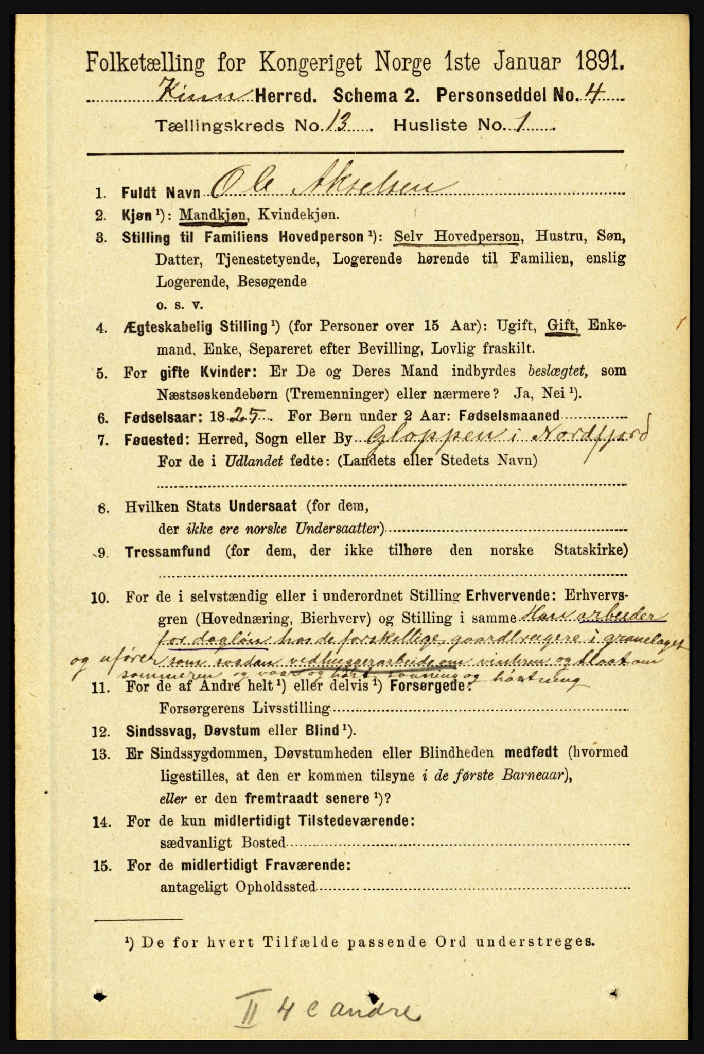 RA, 1891 census for 1437 Kinn, 1891, p. 5052