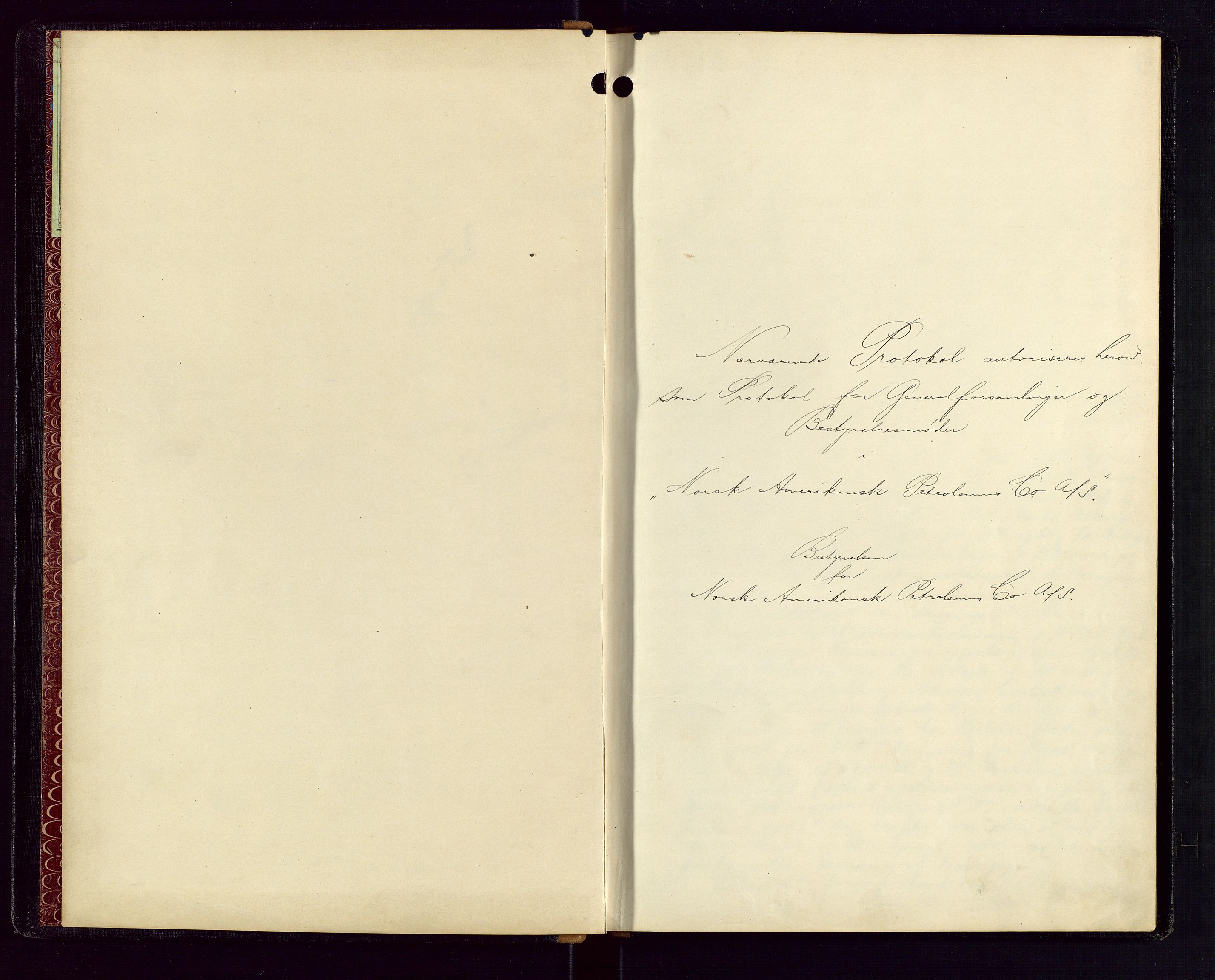 PA 1535 - Norsk-Amerikansk Petroleumscompani A/S, SAST/A-101955/A/Aa/L0001/0001: Styre- og generalforsamlingsprotokoller / Styre - Generalforsamling, 1906-1931