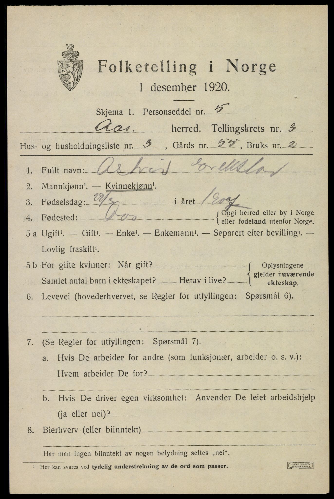 SAO, 1920 census for Ås, 1920, p. 3708