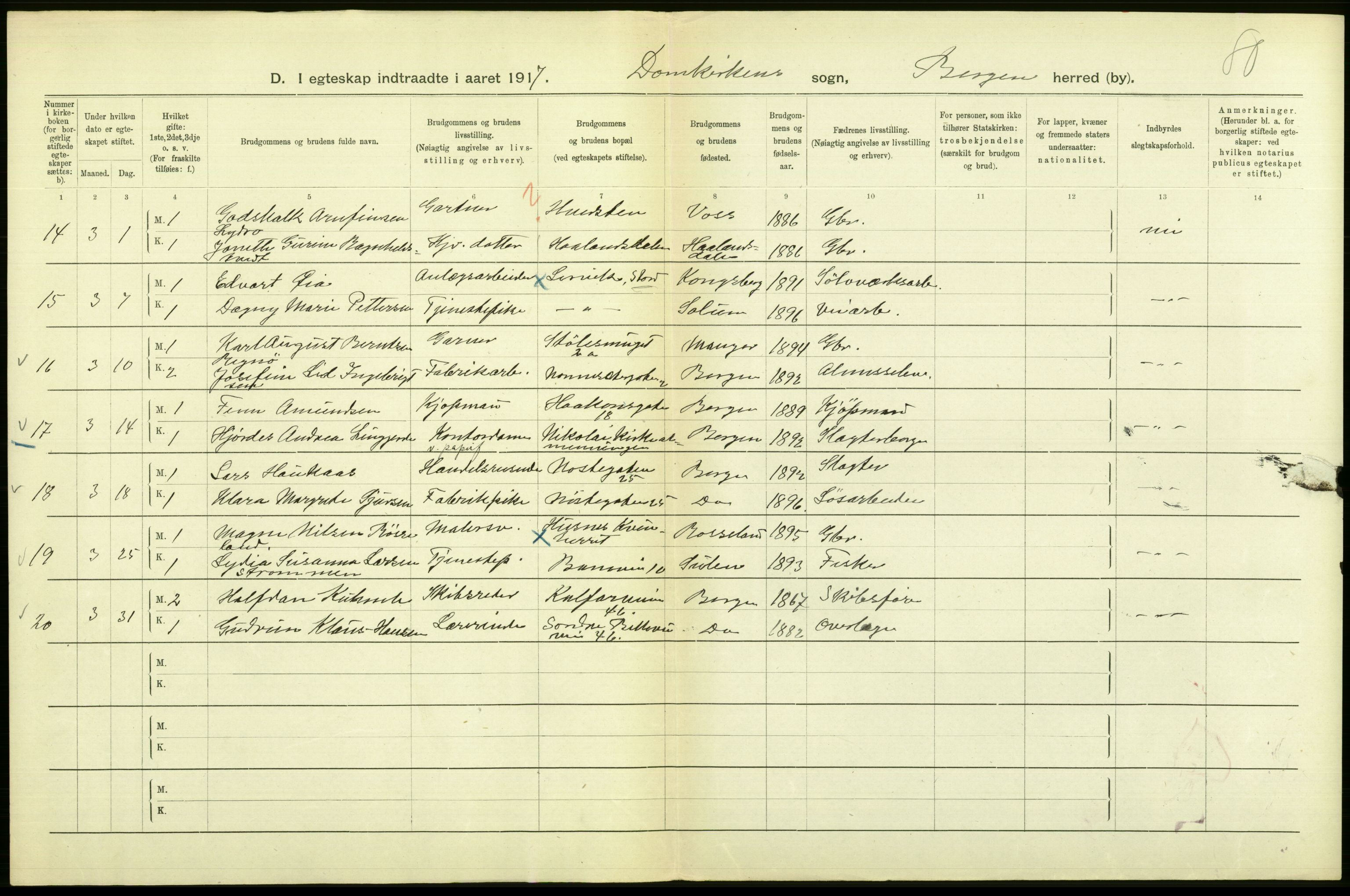 Statistisk sentralbyrå, Sosiodemografiske emner, Befolkning, AV/RA-S-2228/D/Df/Dfb/Dfbg/L0038: Bergen: Gifte, døde, dødfødte., 1917, p. 8