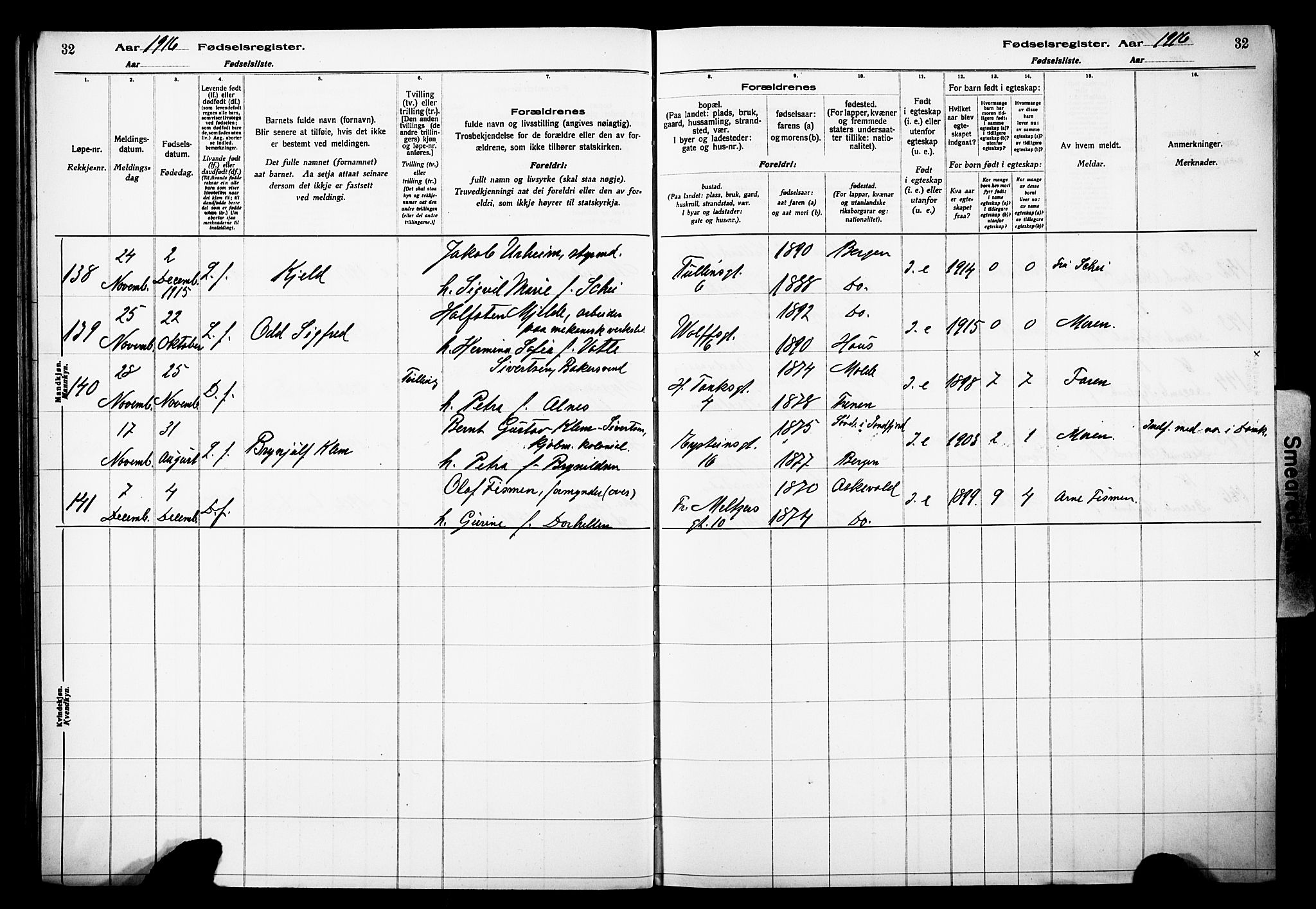 Johanneskirken sokneprestembete, AV/SAB-A-76001/I/Id/L00A1: Birth register no. A 1, 1916-1924, p. 32