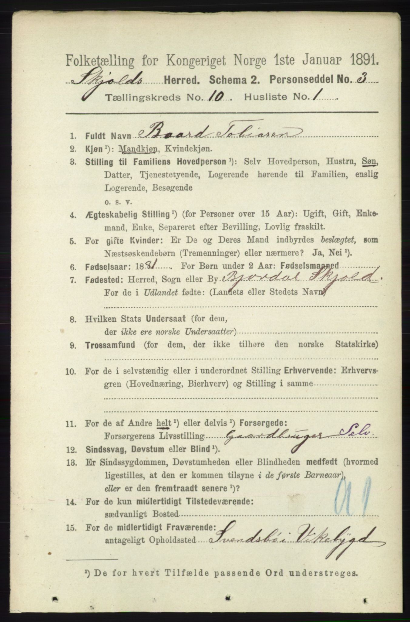 RA, 1891 census for 1154 Skjold, 1891, p. 2001