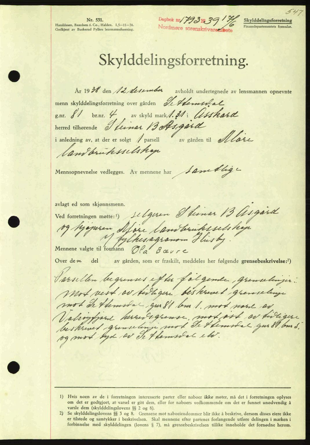 Nordmøre sorenskriveri, AV/SAT-A-4132/1/2/2Ca: Mortgage book no. A86, 1939-1939, Diary no: : 1793/1939