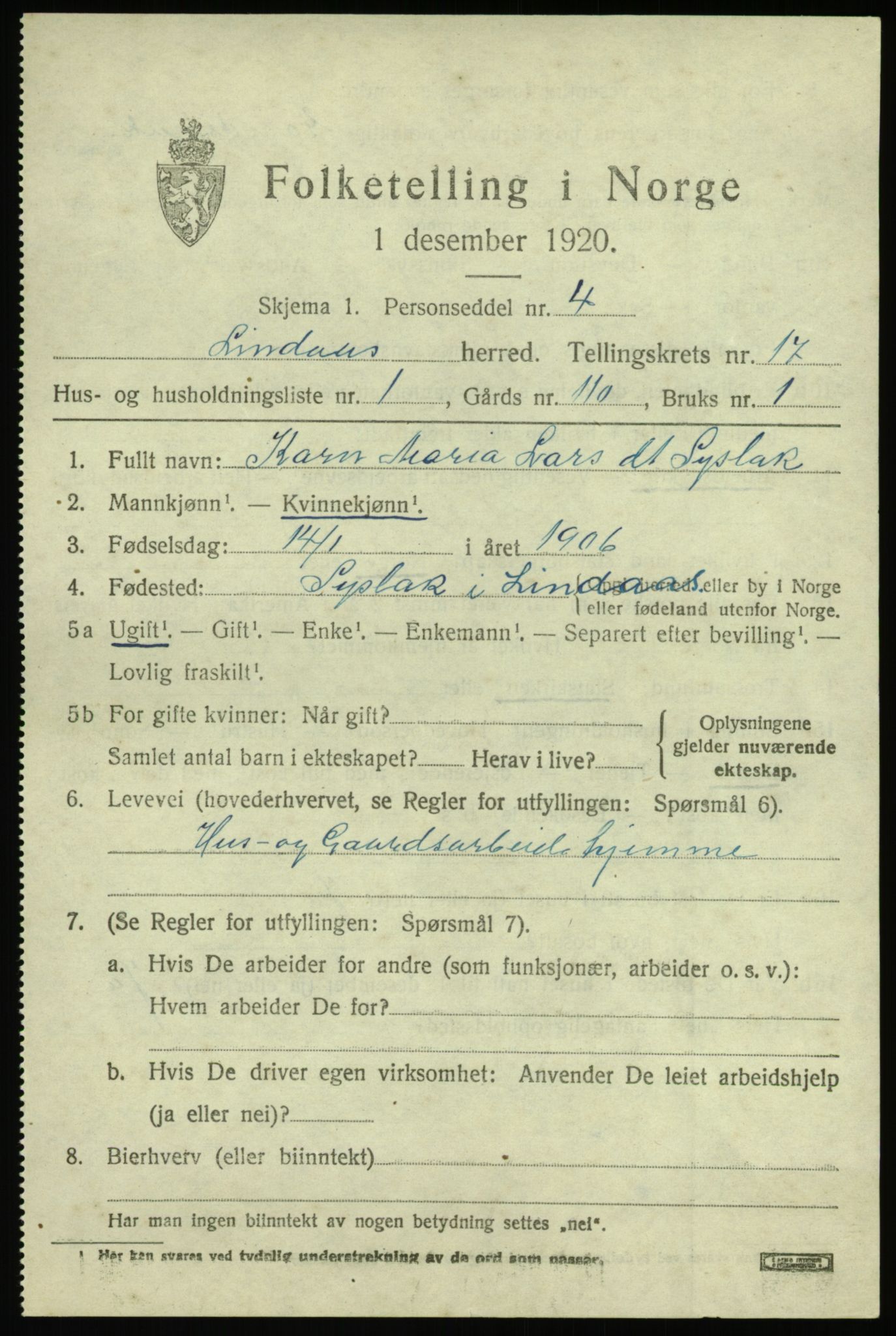 SAB, 1920 census for Lindås, 1920, p. 8991