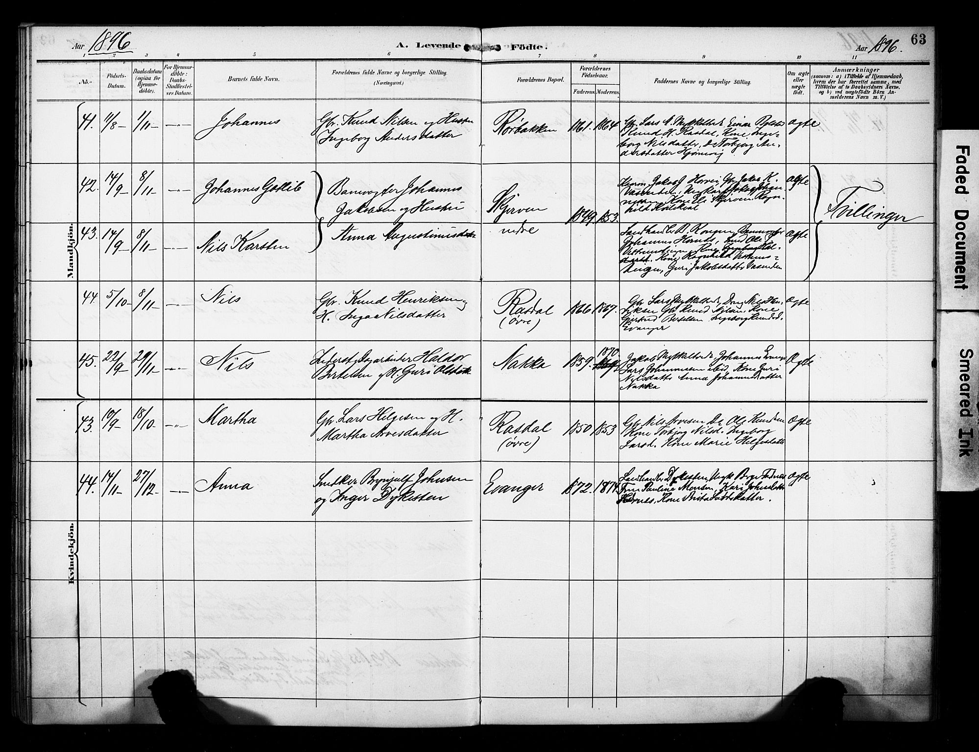 Evanger sokneprestembete, AV/SAB-A-99924: Parish register (official) no. A 2, 1892-1899, p. 63