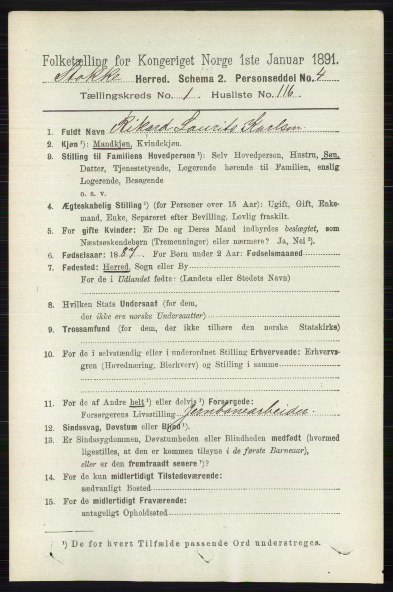 RA, 1891 census for 0720 Stokke, 1891, p. 852