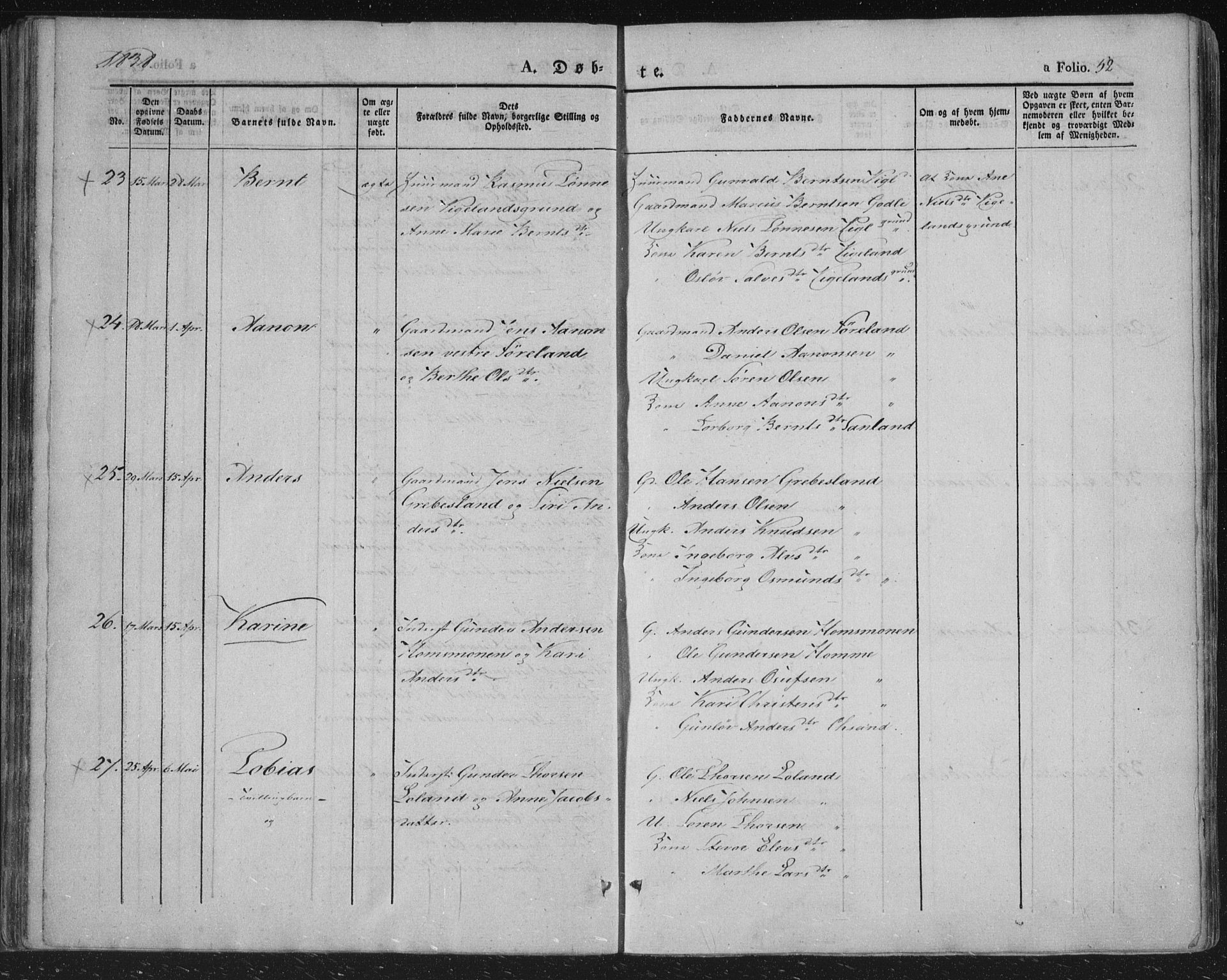 Vennesla sokneprestkontor, AV/SAK-1111-0045/Fa/Fac/L0004: Parish register (official) no. A 4, 1834-1855, p. 52