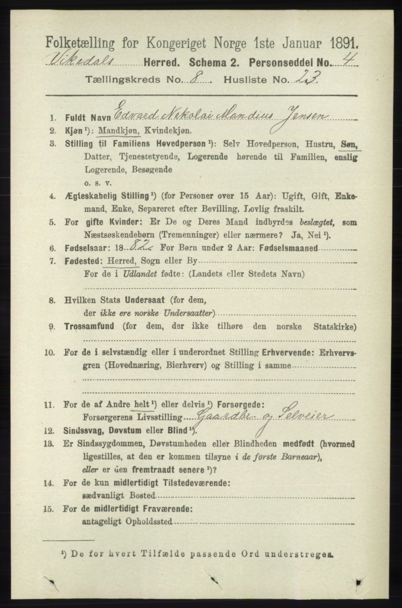 RA, 1891 census for 1157 Vikedal, 1891, p. 2332