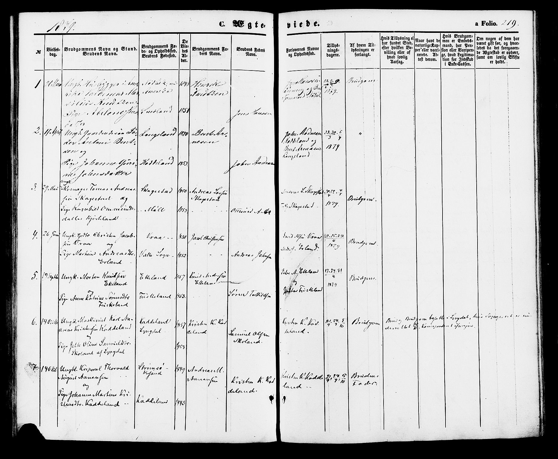 Holum sokneprestkontor, AV/SAK-1111-0022/F/Fa/Faa/L0006: Parish register (official) no. A 6, 1865-1883, p. 219