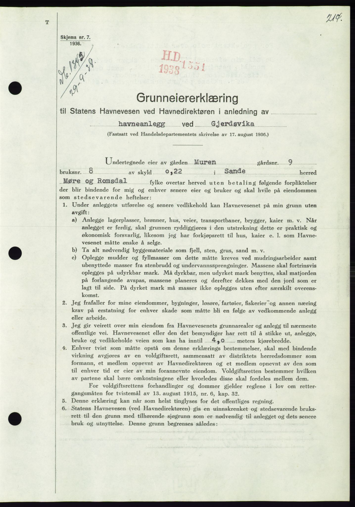 Søre Sunnmøre sorenskriveri, AV/SAT-A-4122/1/2/2C/L0066: Mortgage book no. 60, 1938-1938, Diary no: : 1343/1938