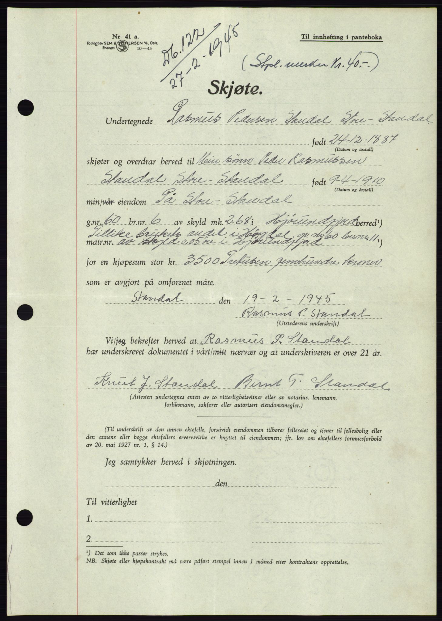 Søre Sunnmøre sorenskriveri, AV/SAT-A-4122/1/2/2C/L0077: Mortgage book no. 3A, 1945-1946, Diary no: : 122/1945