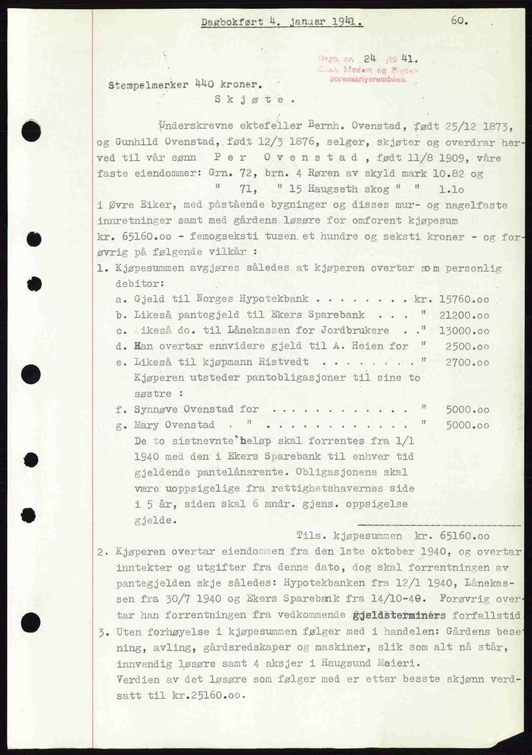 Eiker, Modum og Sigdal sorenskriveri, SAKO/A-123/G/Ga/Gab/L0043: Mortgage book no. A13, 1940-1941, Diary no: : 24/1941