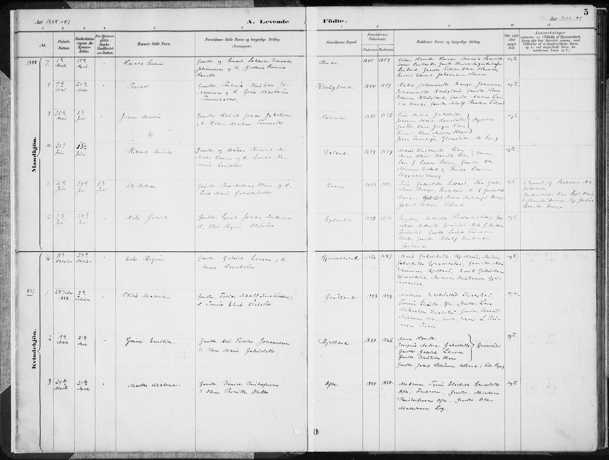 Herad sokneprestkontor, SAK/1111-0018/F/Fa/Faa/L0006: Parish register (official) no. A 6, 1887-1907, p. 5