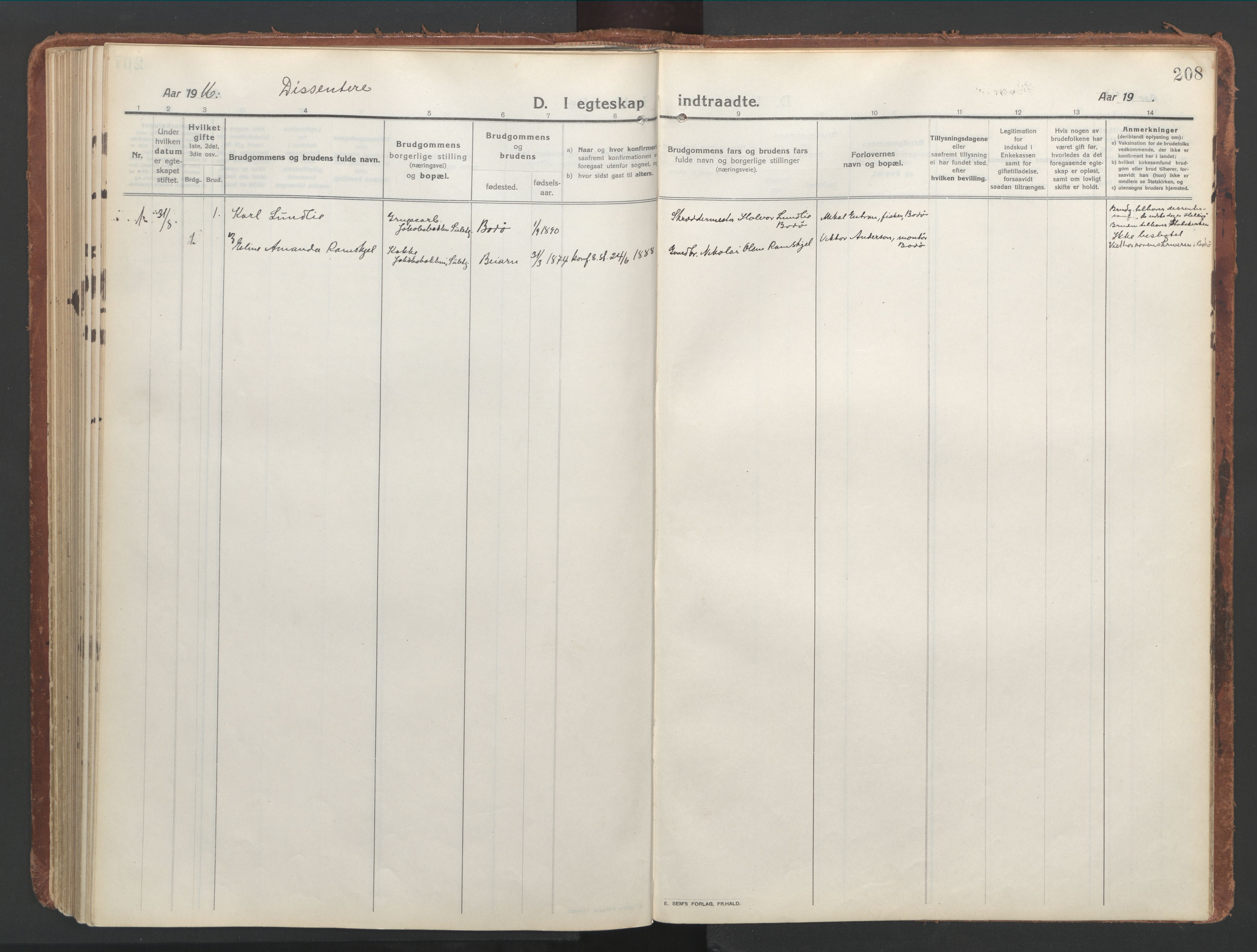 Ministerialprotokoller, klokkerbøker og fødselsregistre - Nordland, AV/SAT-A-1459/850/L0715: Curate's parish register no. 850B05, 1913-1924, p. 208