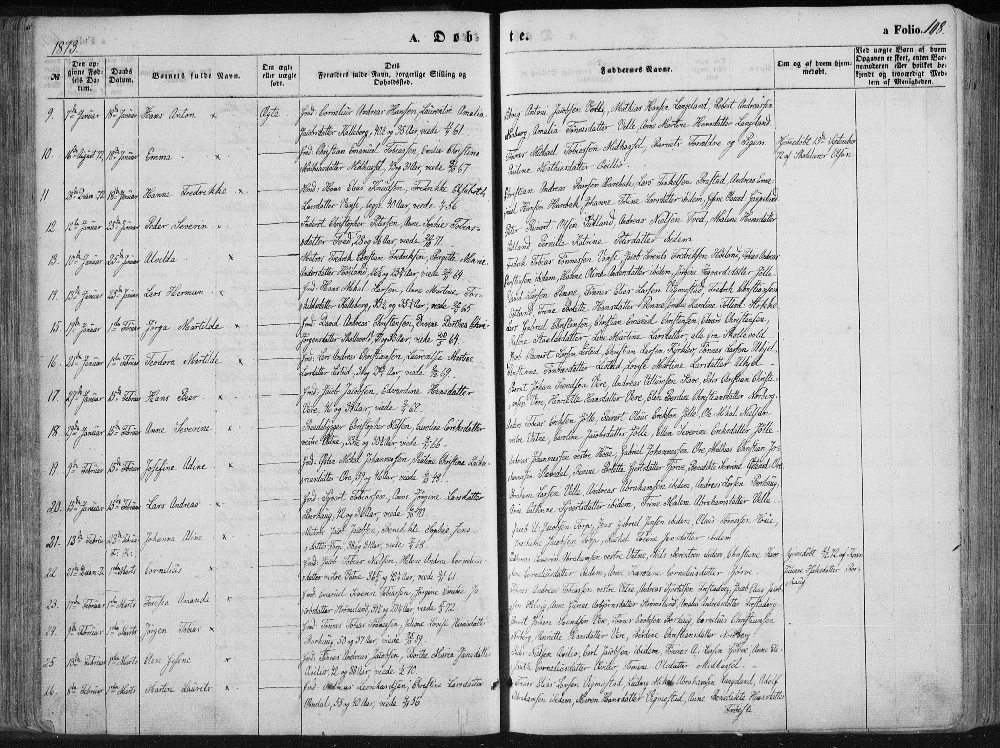 Lista sokneprestkontor, AV/SAK-1111-0027/F/Fa/L0011: Parish register (official) no. A 11, 1861-1878, p. 108