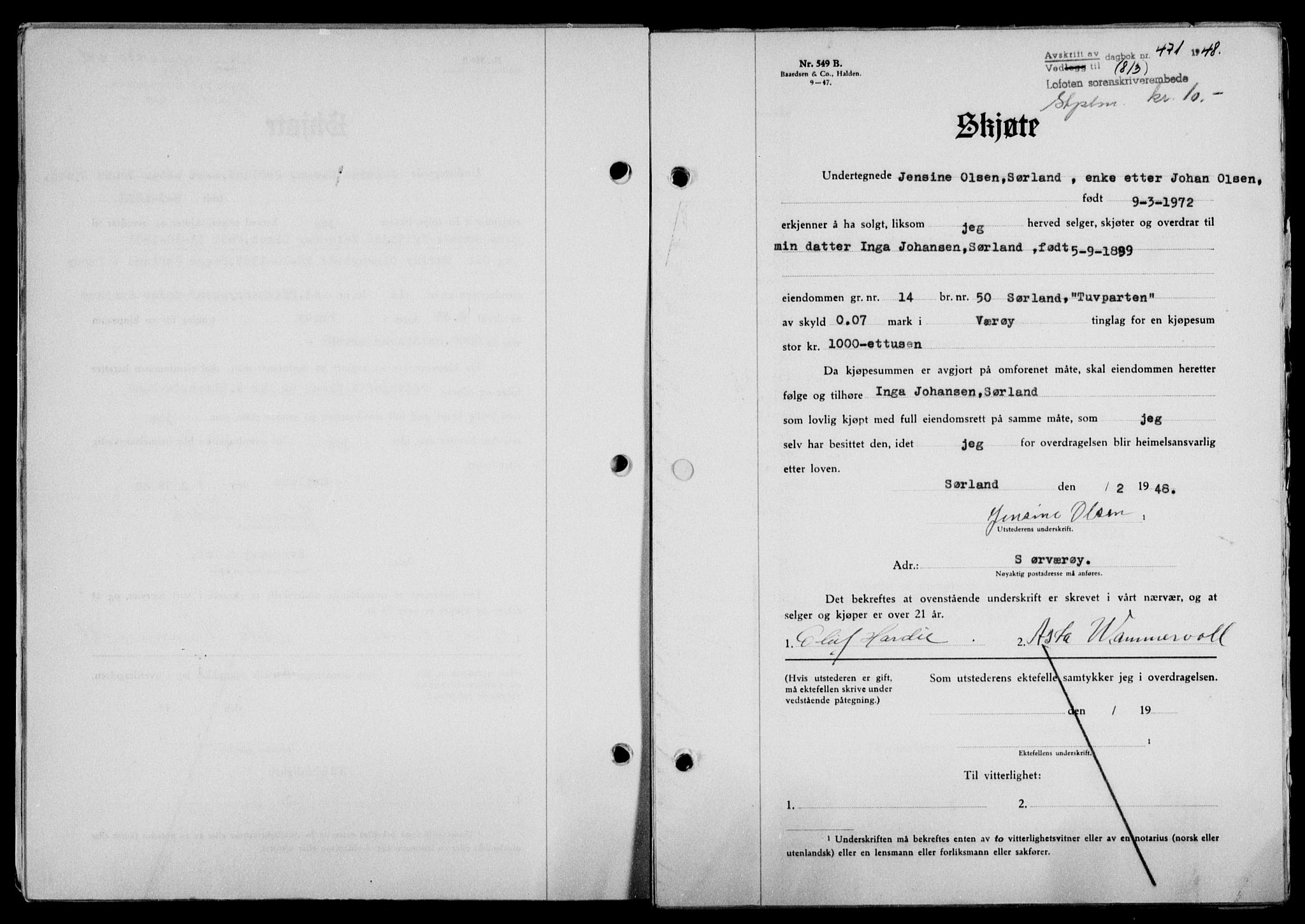Lofoten sorenskriveri, SAT/A-0017/1/2/2C/L0018a: Mortgage book no. 18a, 1948-1948, Diary no: : 471/1948