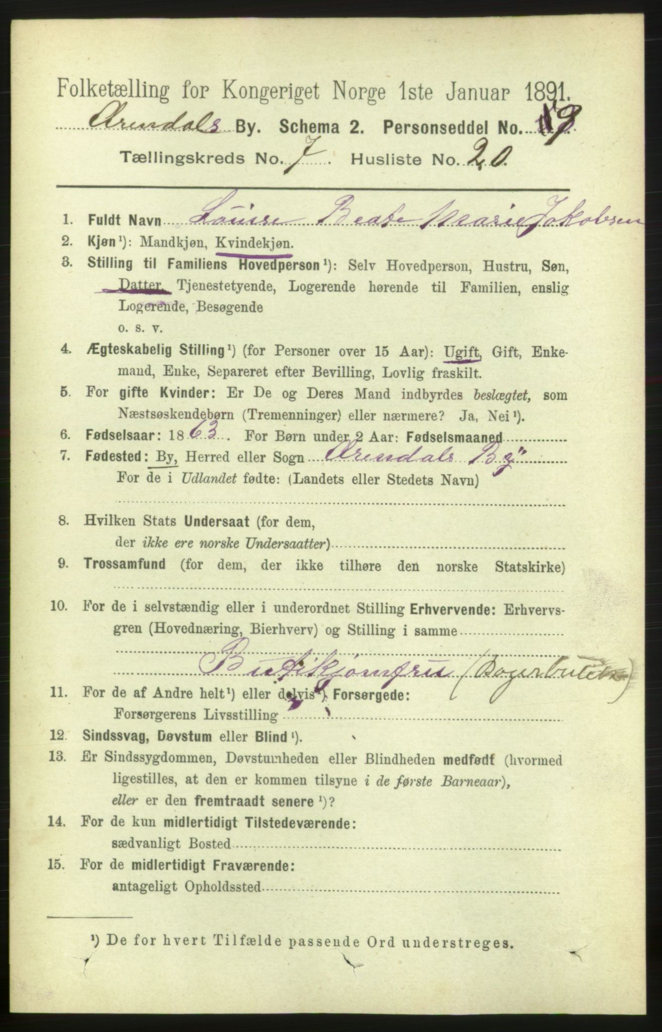 RA, 1891 census for 0903 Arendal, 1891, p. 2841