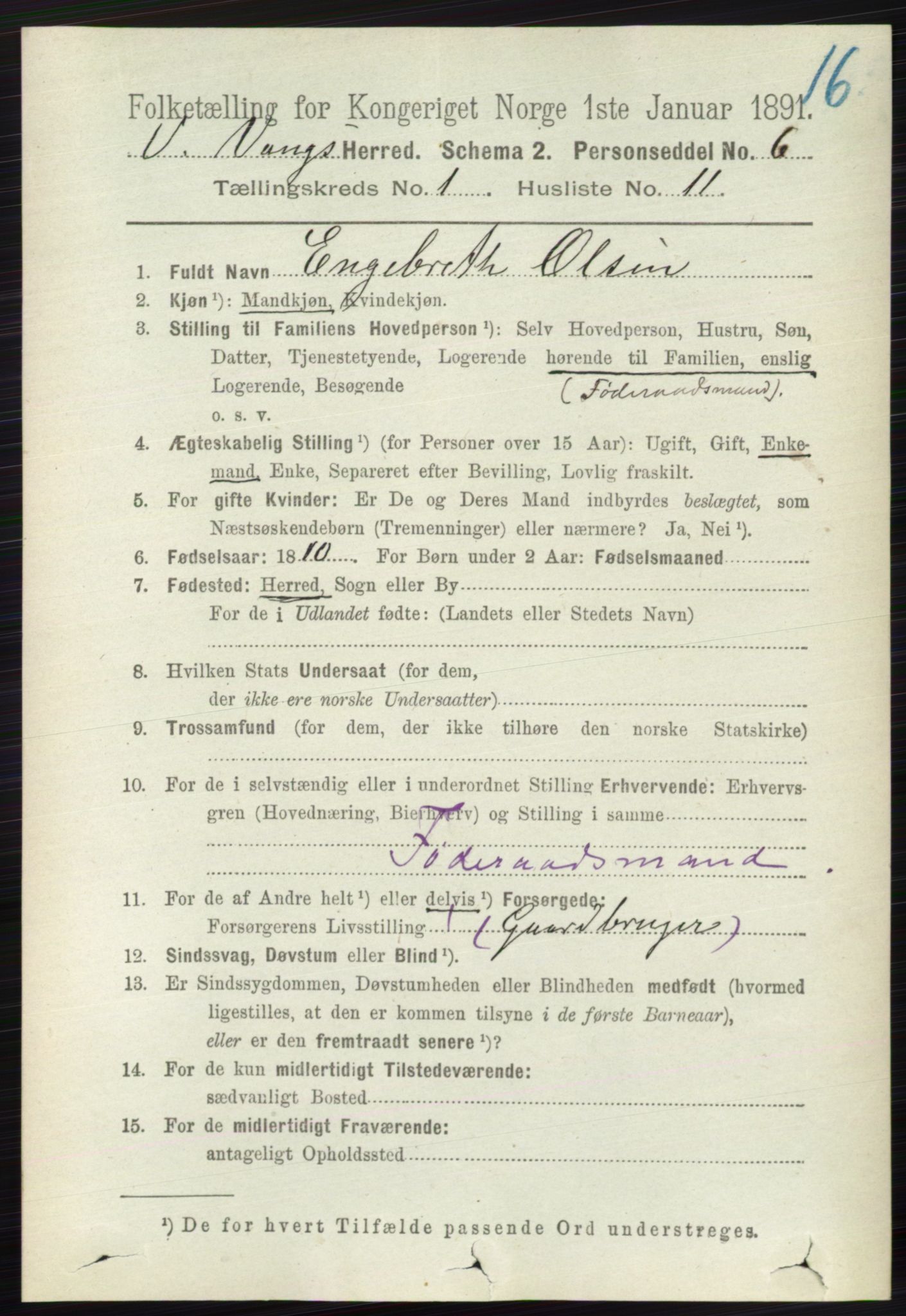 RA, 1891 census for 0545 Vang, 1891, p. 145