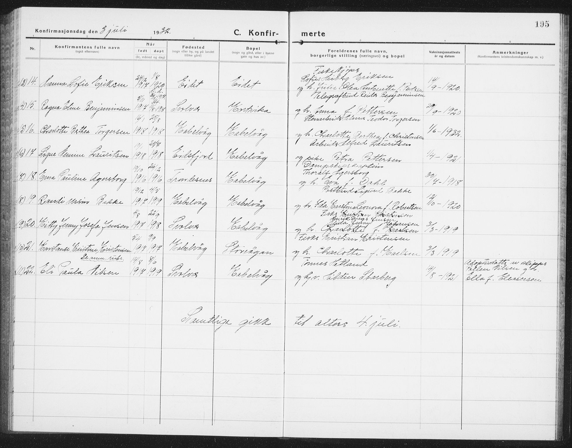 Ministerialprotokoller, klokkerbøker og fødselsregistre - Nordland, AV/SAT-A-1459/874/L1081: Parish register (copy) no. 874C10, 1925-1941, p. 195