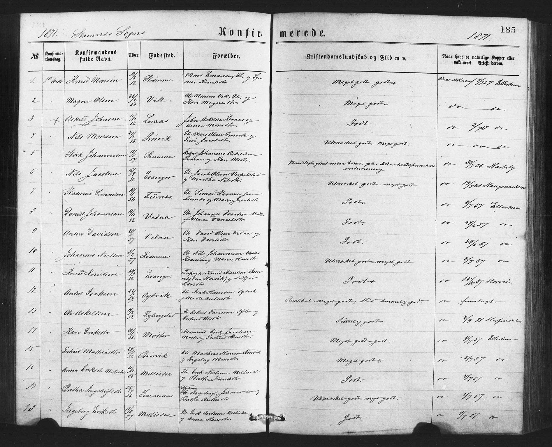 Bruvik Sokneprestembete, AV/SAB-A-74701/H/Haa: Parish register (official) no. A 1, 1869-1877, p. 185