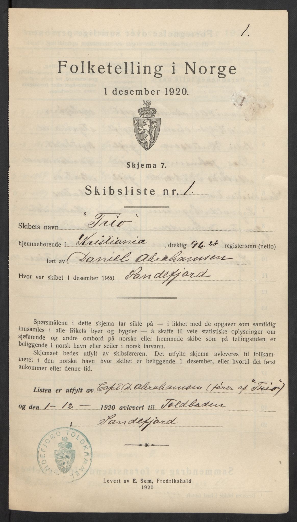 SAKO, 1920 census for Sandefjord, 1920, p. 15710