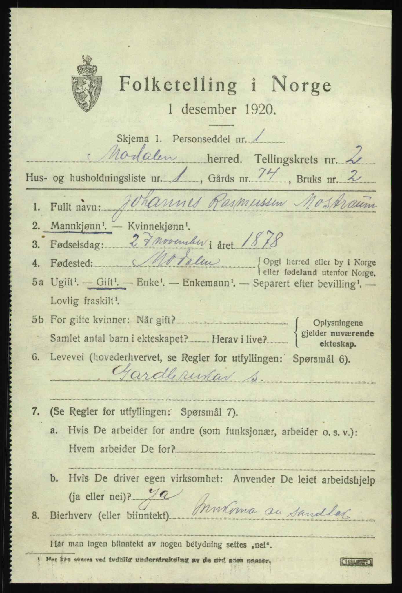 SAB, 1920 census for Modalen, 1920, p. 322