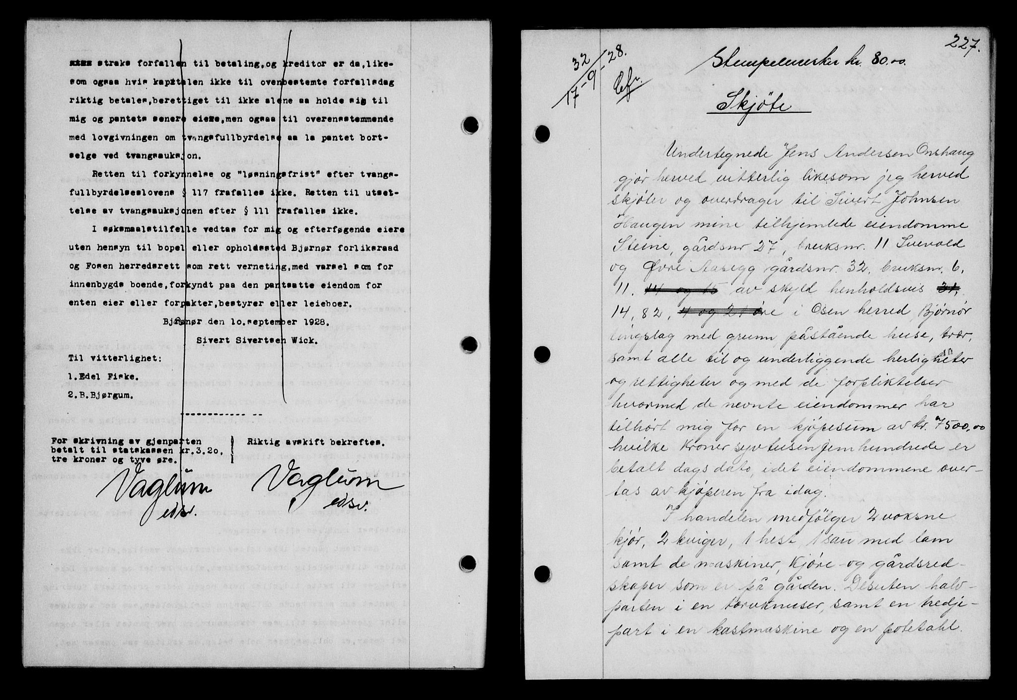 Fosen sorenskriveri, AV/SAT-A-1107/1/2/2C/L0067: Mortgage book no. 58, 1928-1929, p. 227, Deed date: 17.09.1928