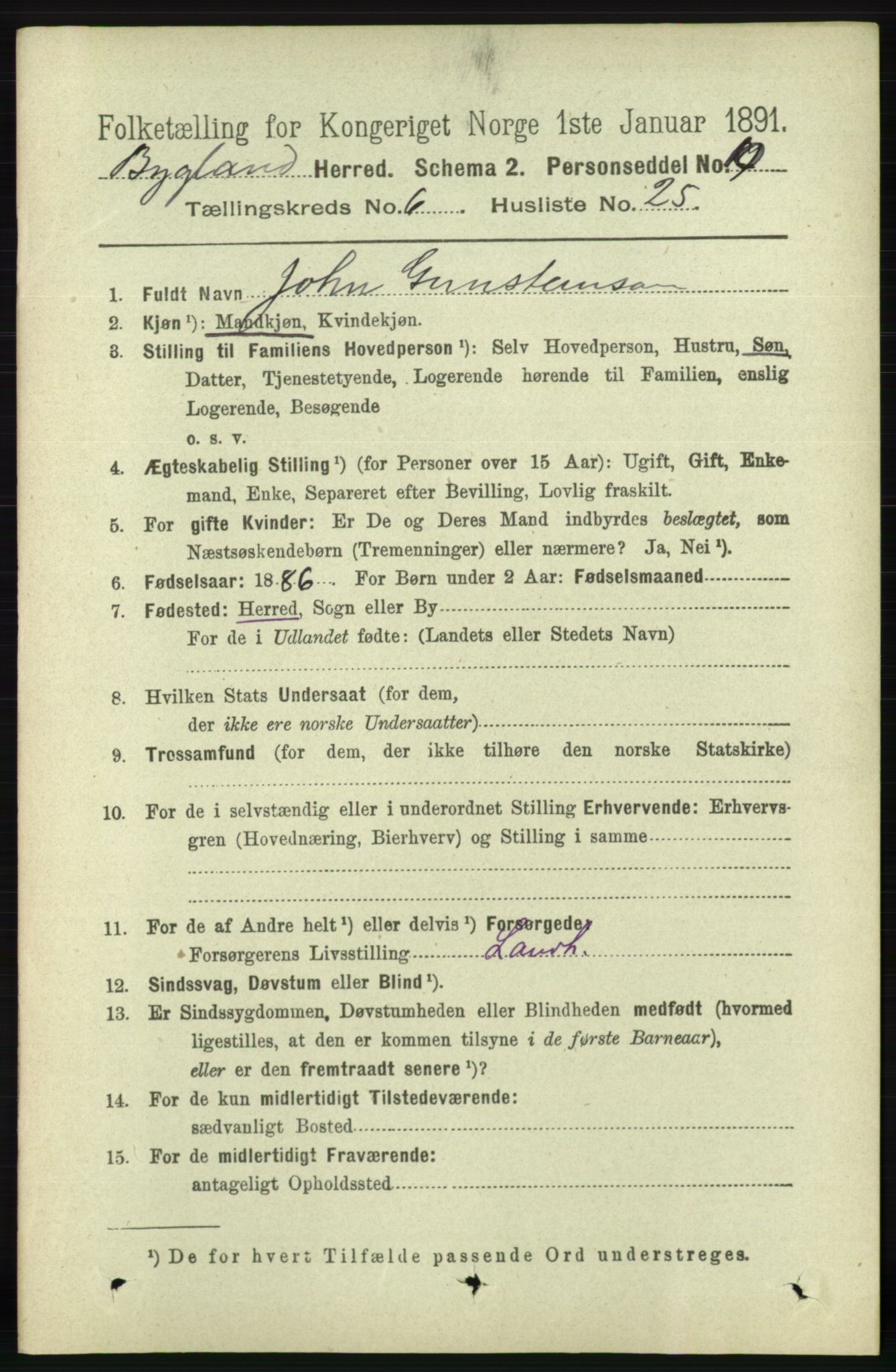 RA, 1891 census for 0938 Bygland, 1891, p. 1495