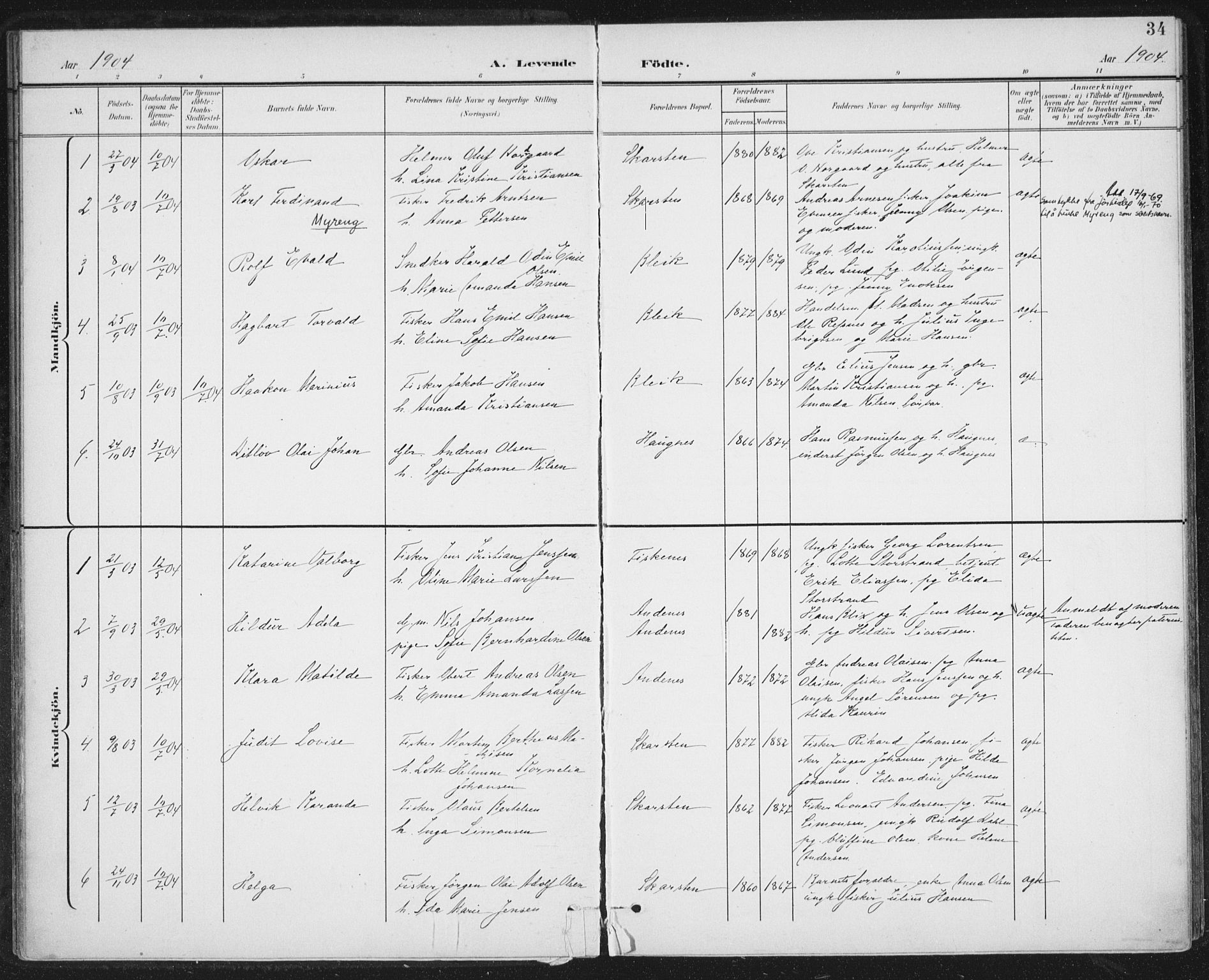 Ministerialprotokoller, klokkerbøker og fødselsregistre - Nordland, AV/SAT-A-1459/899/L1437: Parish register (official) no. 899A05, 1897-1908, p. 34