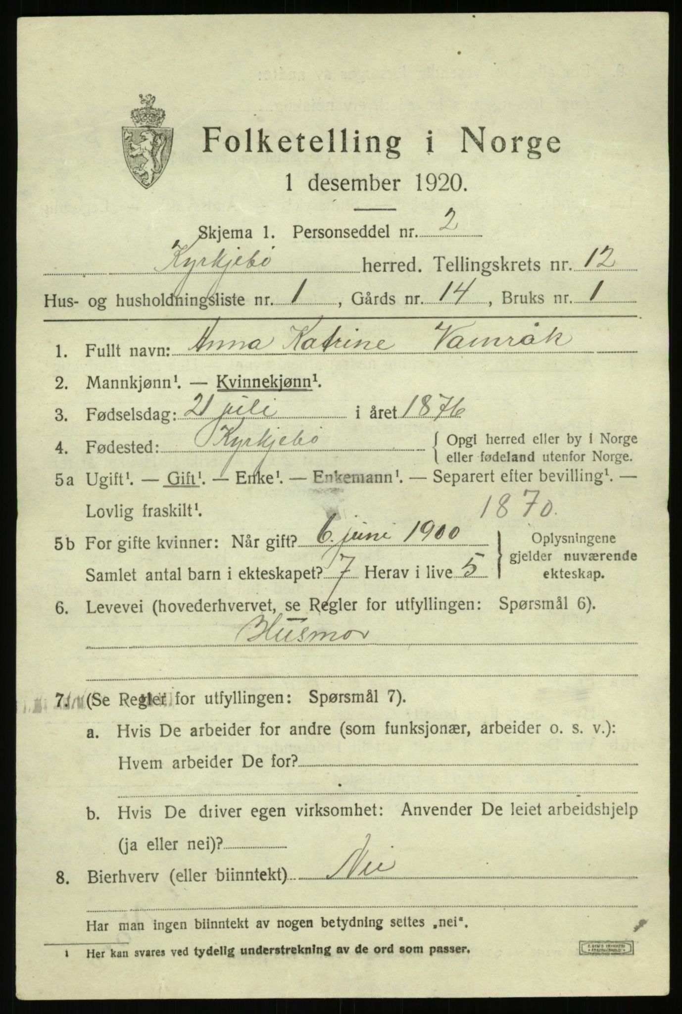 SAB, 1920 census for Kyrkjebø, 1920, p. 5859