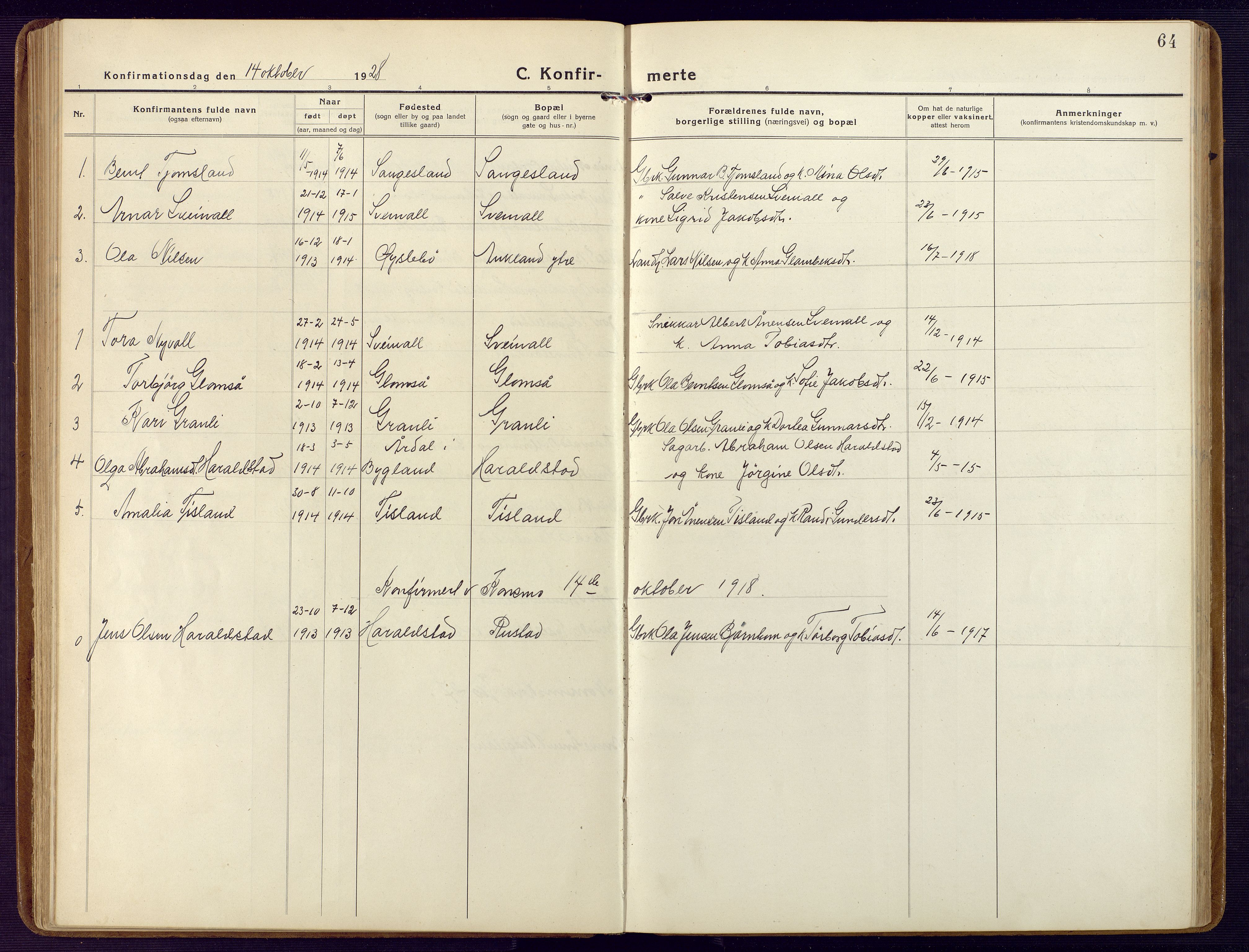 Holum sokneprestkontor, AV/SAK-1111-0022/F/Fb/Fbb/L0005: Parish register (copy) no. B 5, 1920-1945, p. 64