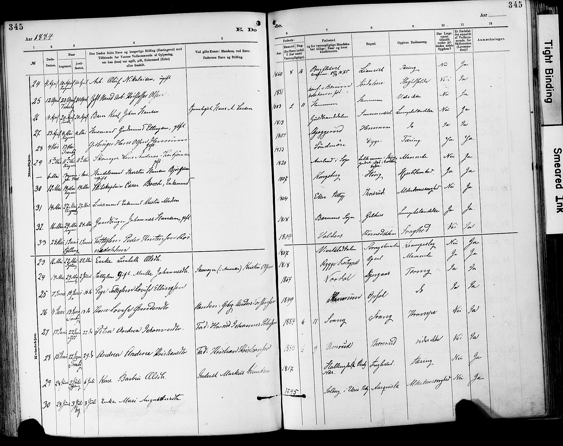 Lier kirkebøker, AV/SAKO-A-230/F/Fa/L0015: Parish register (official) no. I 15, 1883-1894, p. 345