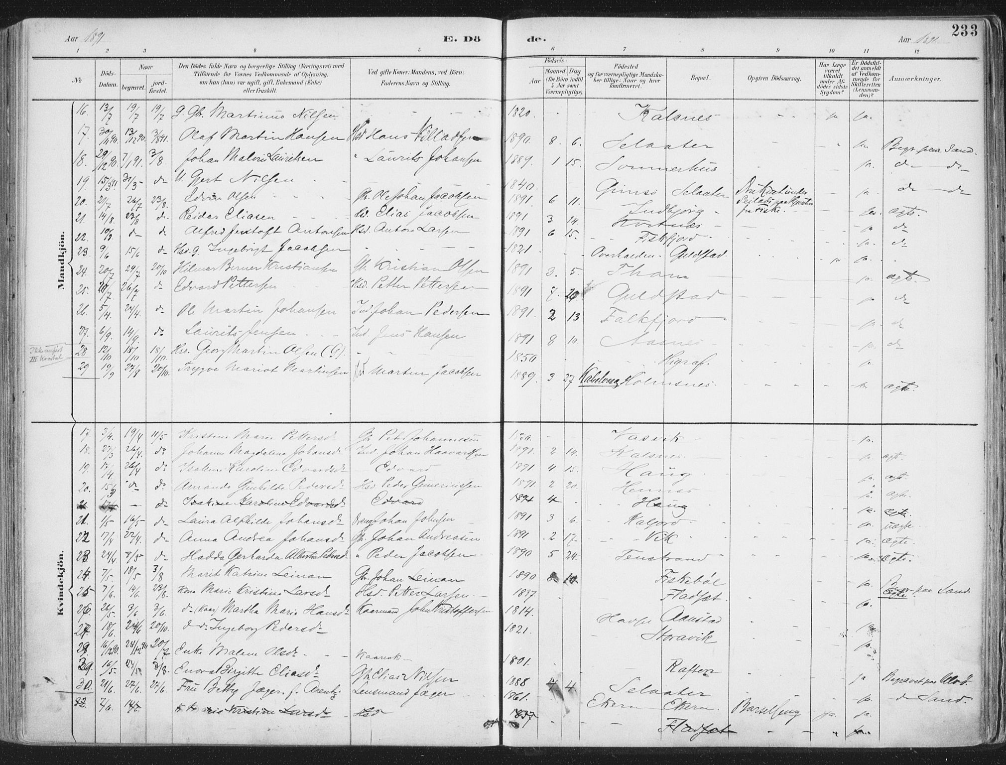 Ministerialprotokoller, klokkerbøker og fødselsregistre - Nordland, SAT/A-1459/888/L1246: Parish register (official) no. 888A12, 1891-1903, p. 233