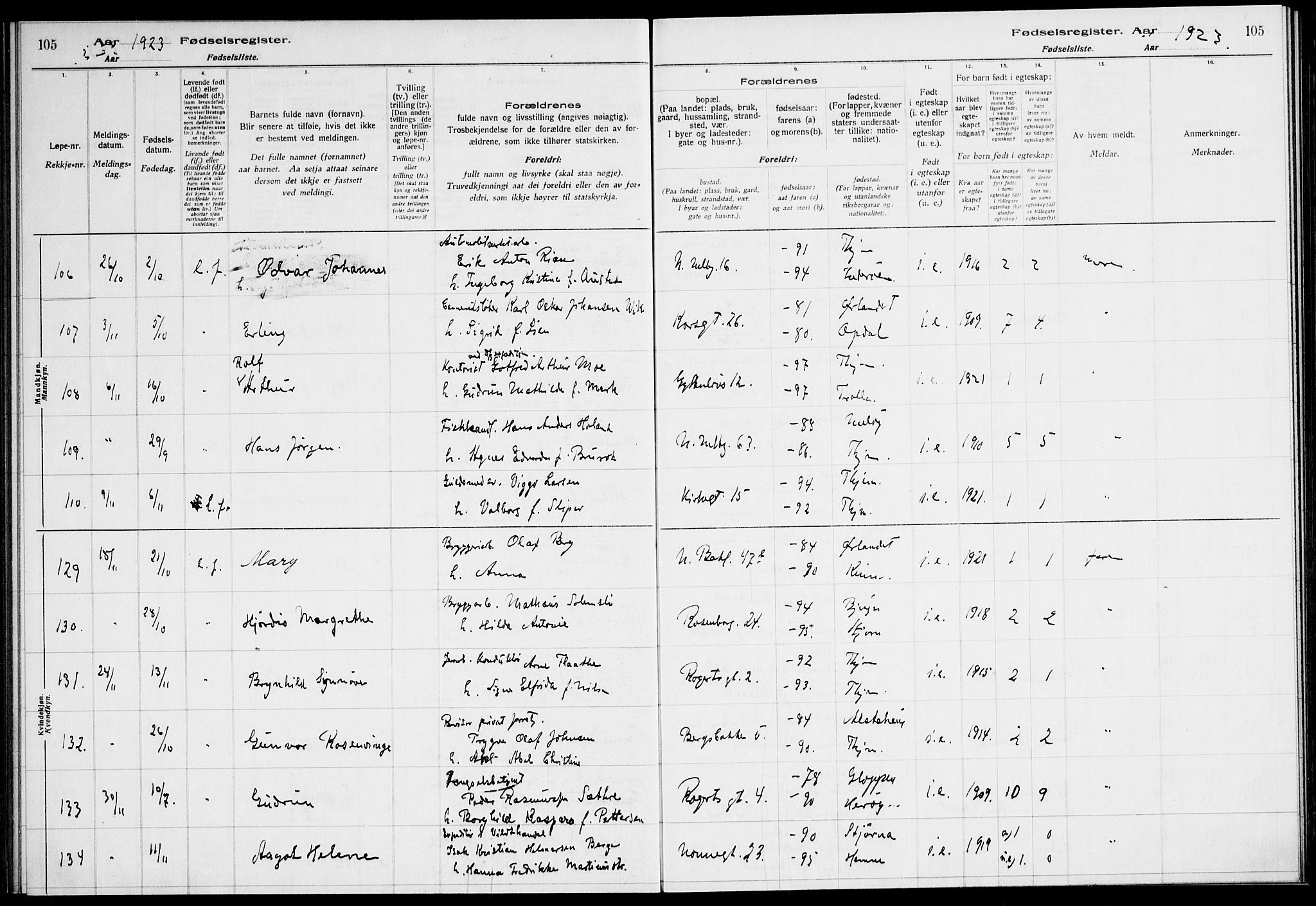 Ministerialprotokoller, klokkerbøker og fødselsregistre - Sør-Trøndelag, AV/SAT-A-1456/604/L0233: Birth register no. 604.II.4.2, 1920-1928, p. 105