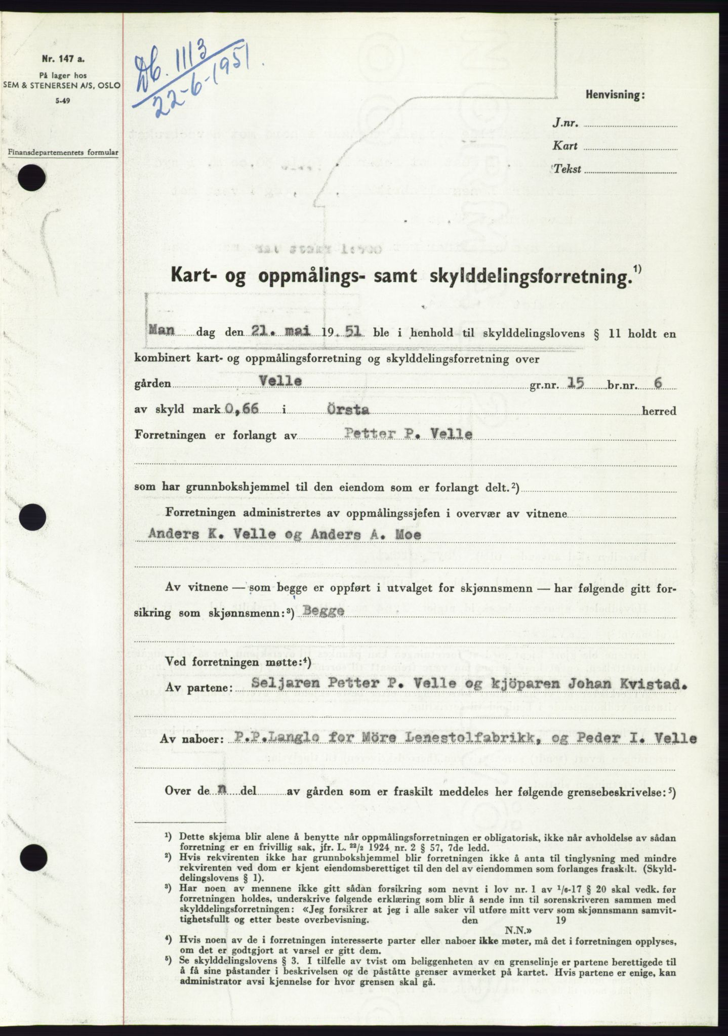 Søre Sunnmøre sorenskriveri, AV/SAT-A-4122/1/2/2C/L0089: Mortgage book no. 15A, 1951-1951, Diary no: : 1113/1951